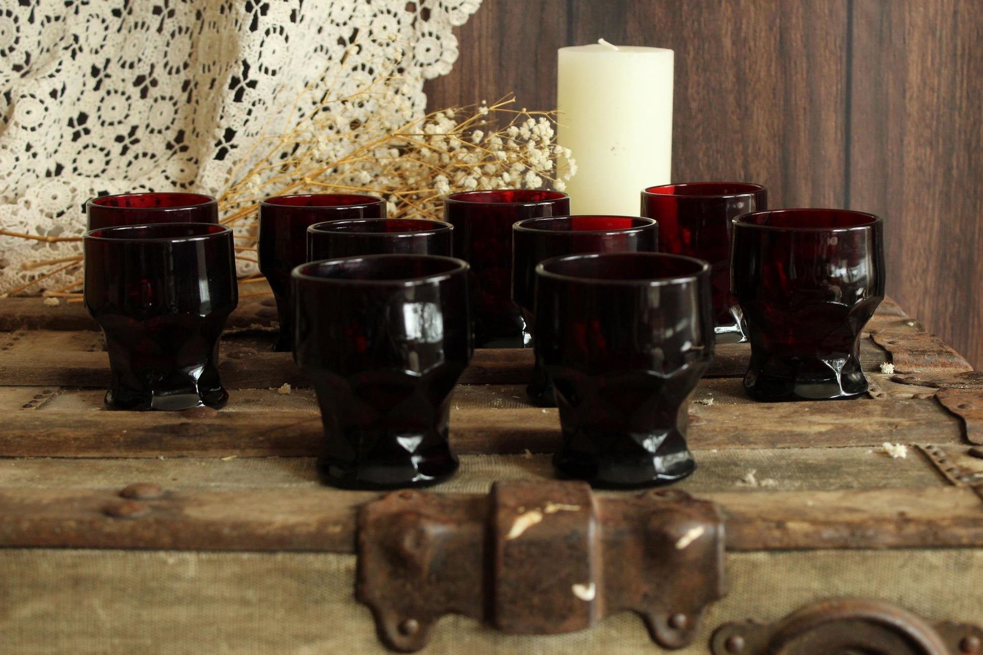 Vintage Anchor Hocking Georgian Royal Ruby Red Juice Tumblers Set of Ten
