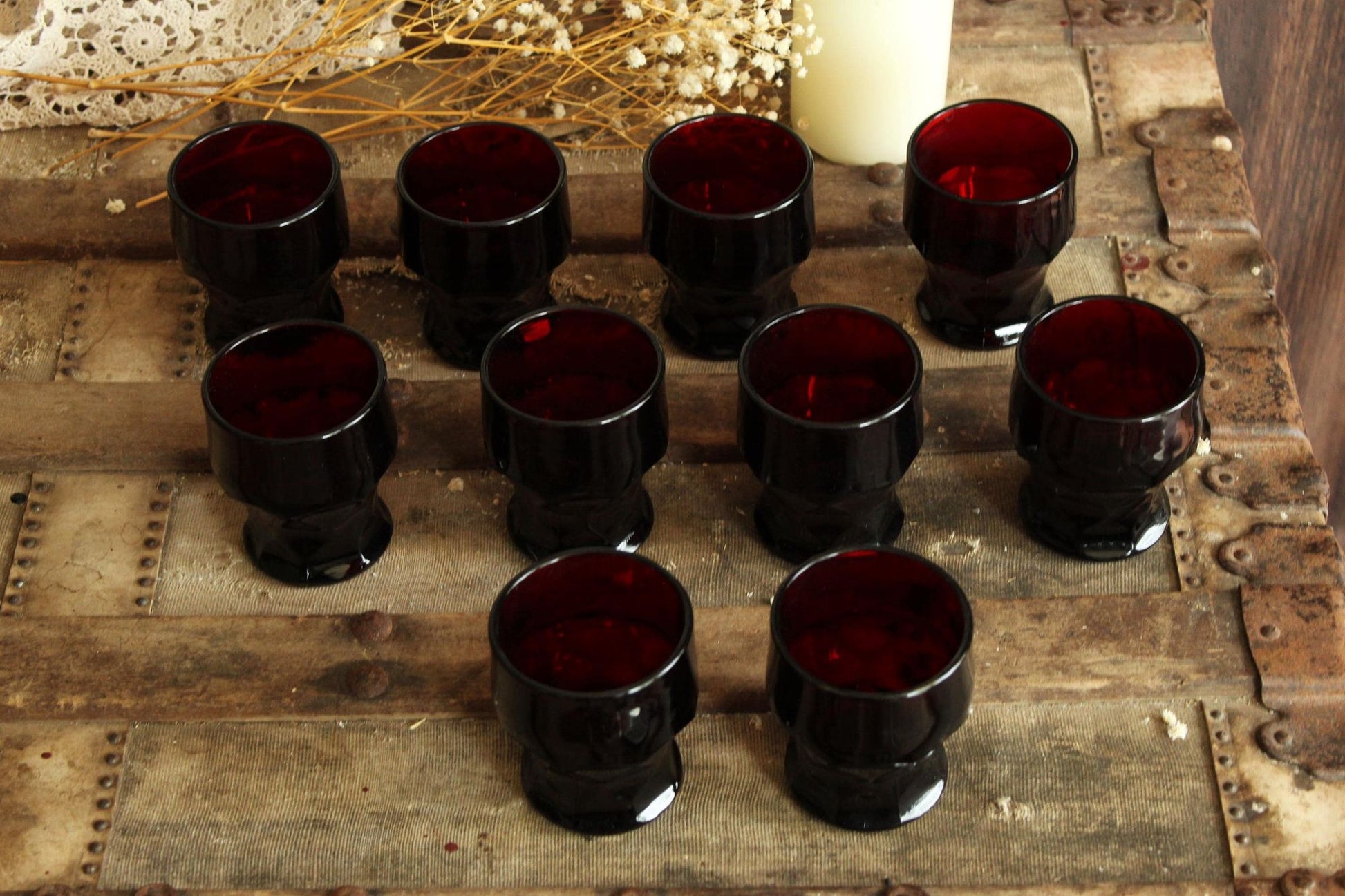 Vintage Anchor Hocking Georgian Royal Ruby Red Juice Tumblers Set of Ten