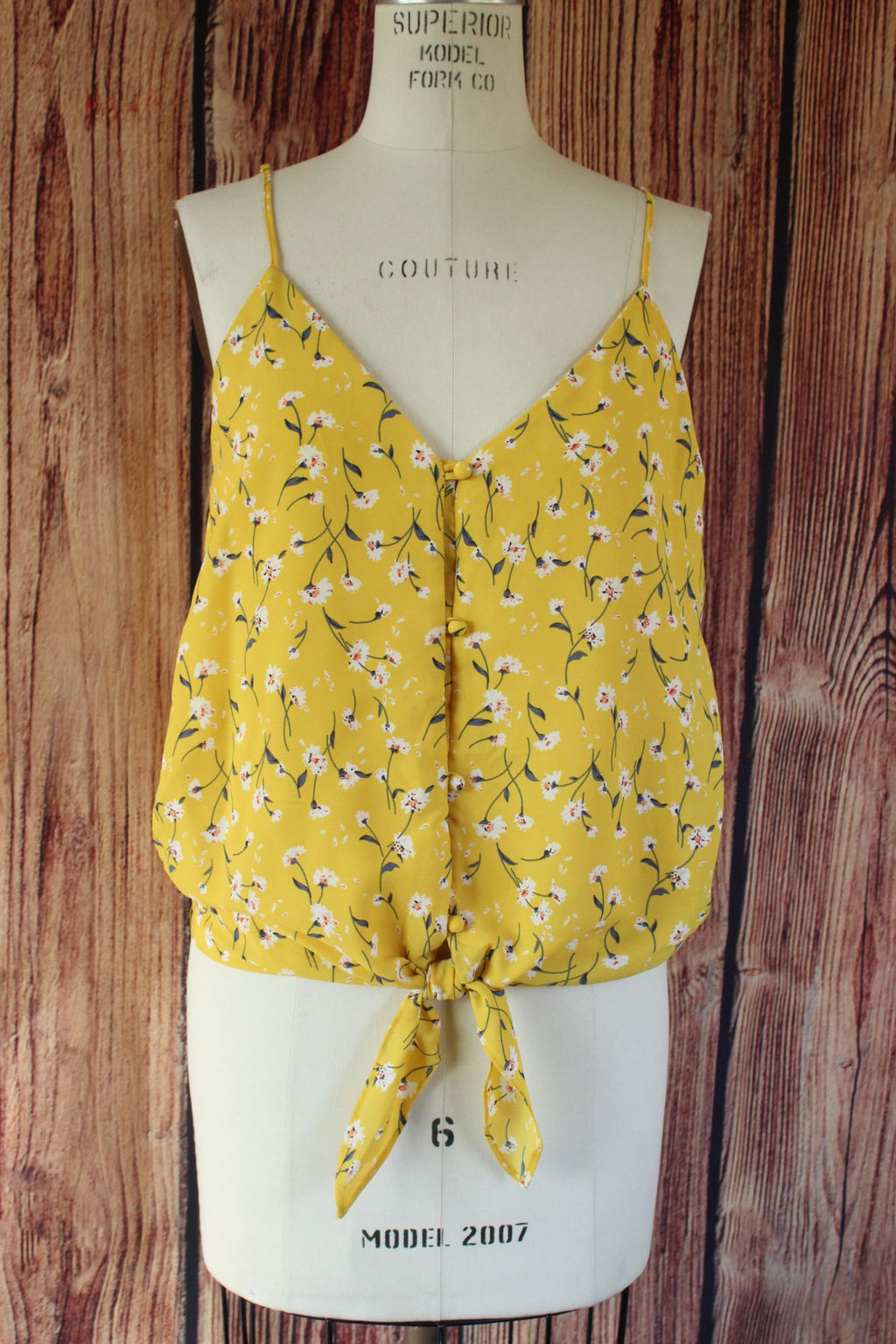 Sienna Sky Womens Top, Size Medium, Yellow Floral Tie-Front Sleeveless
