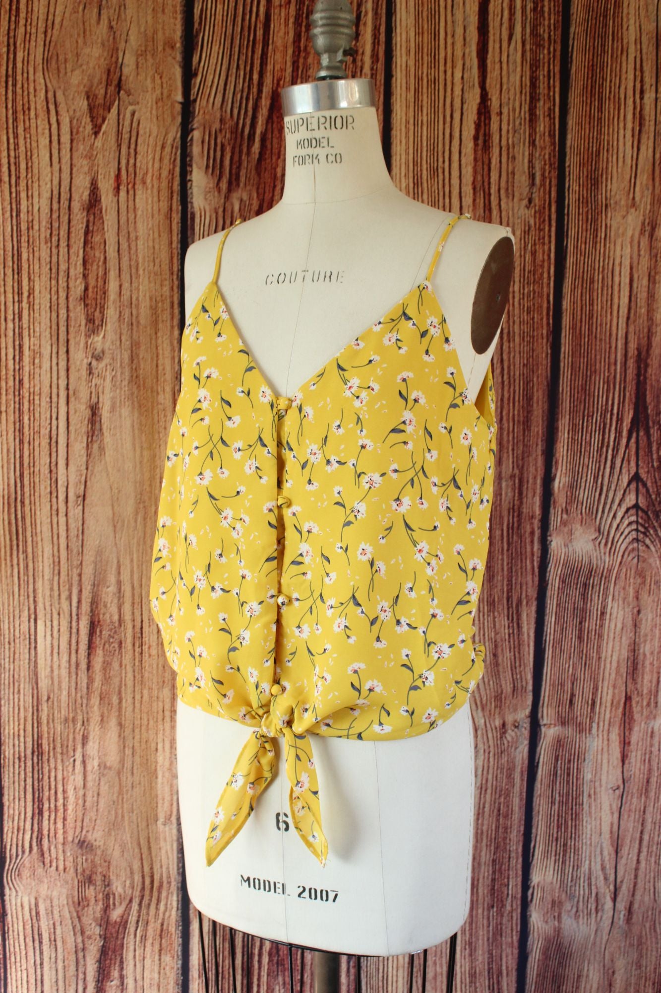 Sienna Sky Womens Top, Size Medium, Yellow Floral Tie-Front Sleeveless