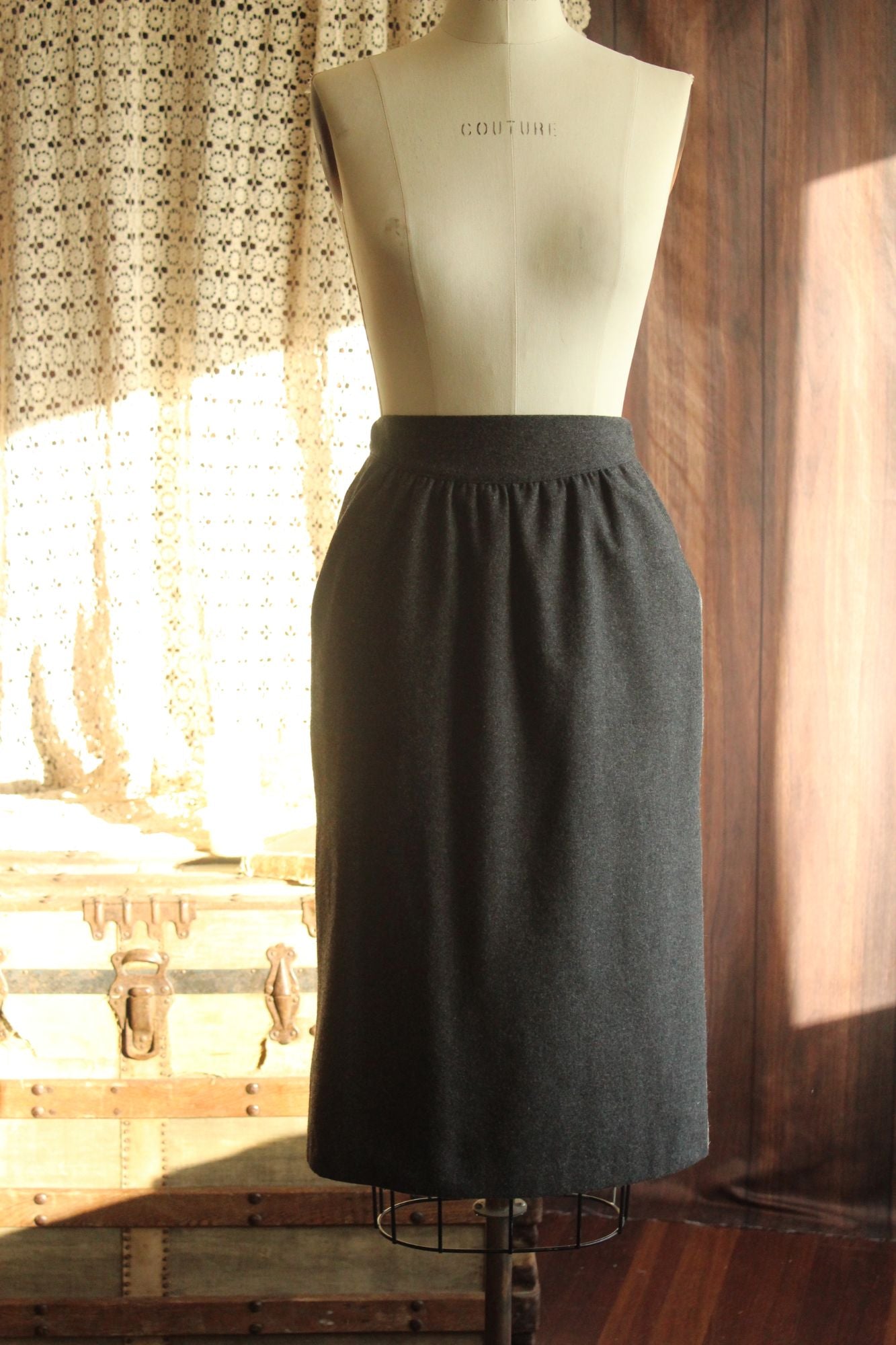 Vintage 1980s Womens Suit, Russ Gray Wool Skirt And Jacket, Shoulder Pads Braided Trim