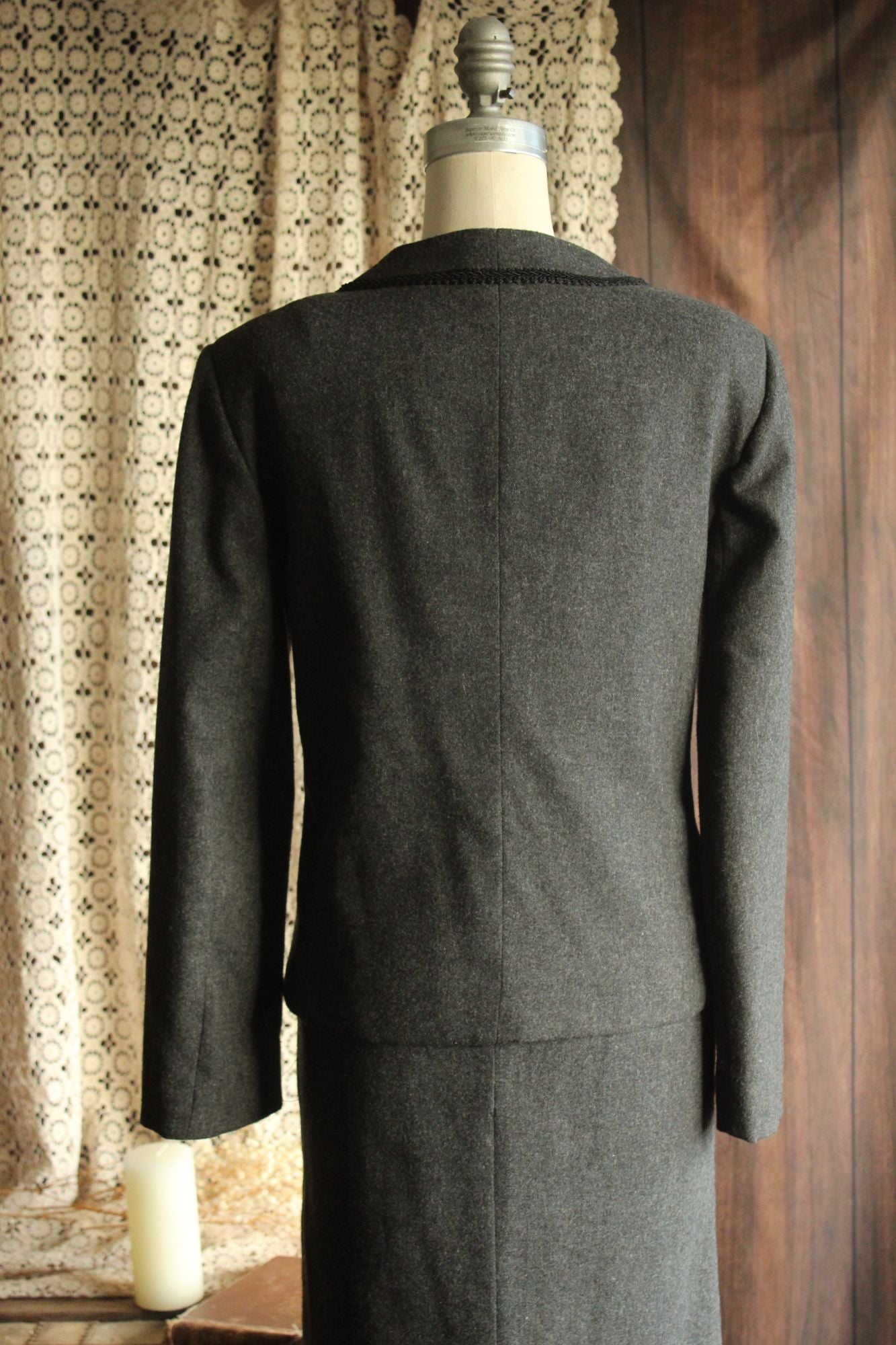 Vintage 1980s Womens Suit, Russ Gray Wool Skirt And Jacket, Shoulder Pads Braided Trim