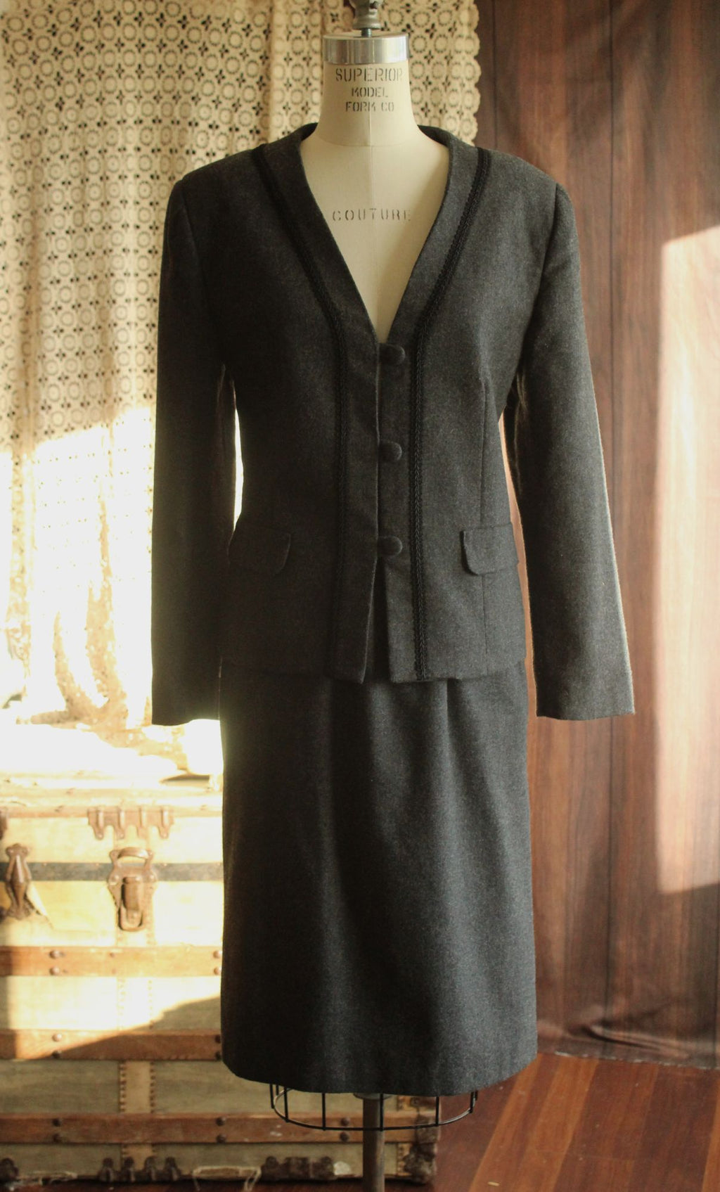 Vintage 1980s Womens Suit, Russ Gray Wool Skirt And Jacket, Shoulder Pads Braided Trim
