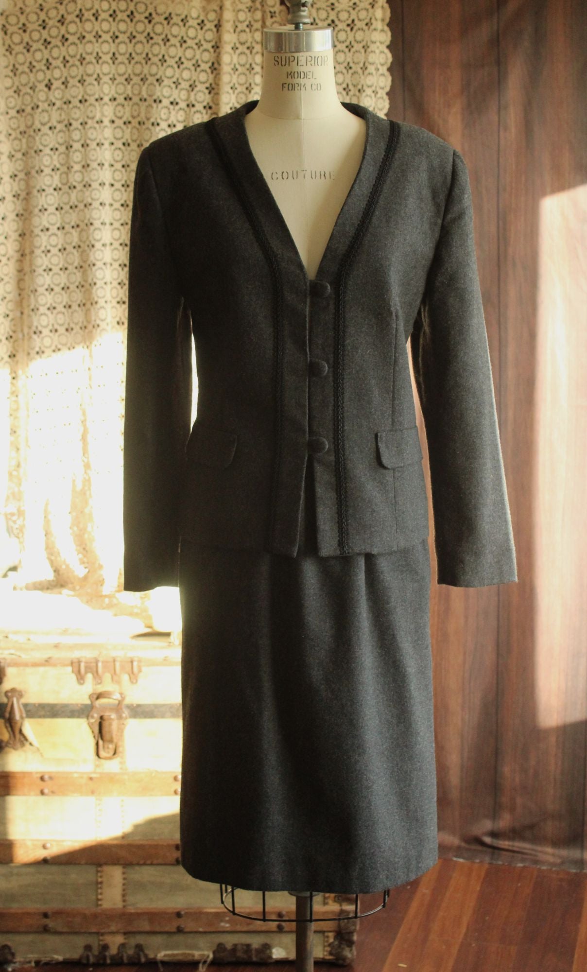 Vintage 1980s Womens Suit, Russ Gray Wool Skirt And Jacket, Shoulder Pads Braided Trim