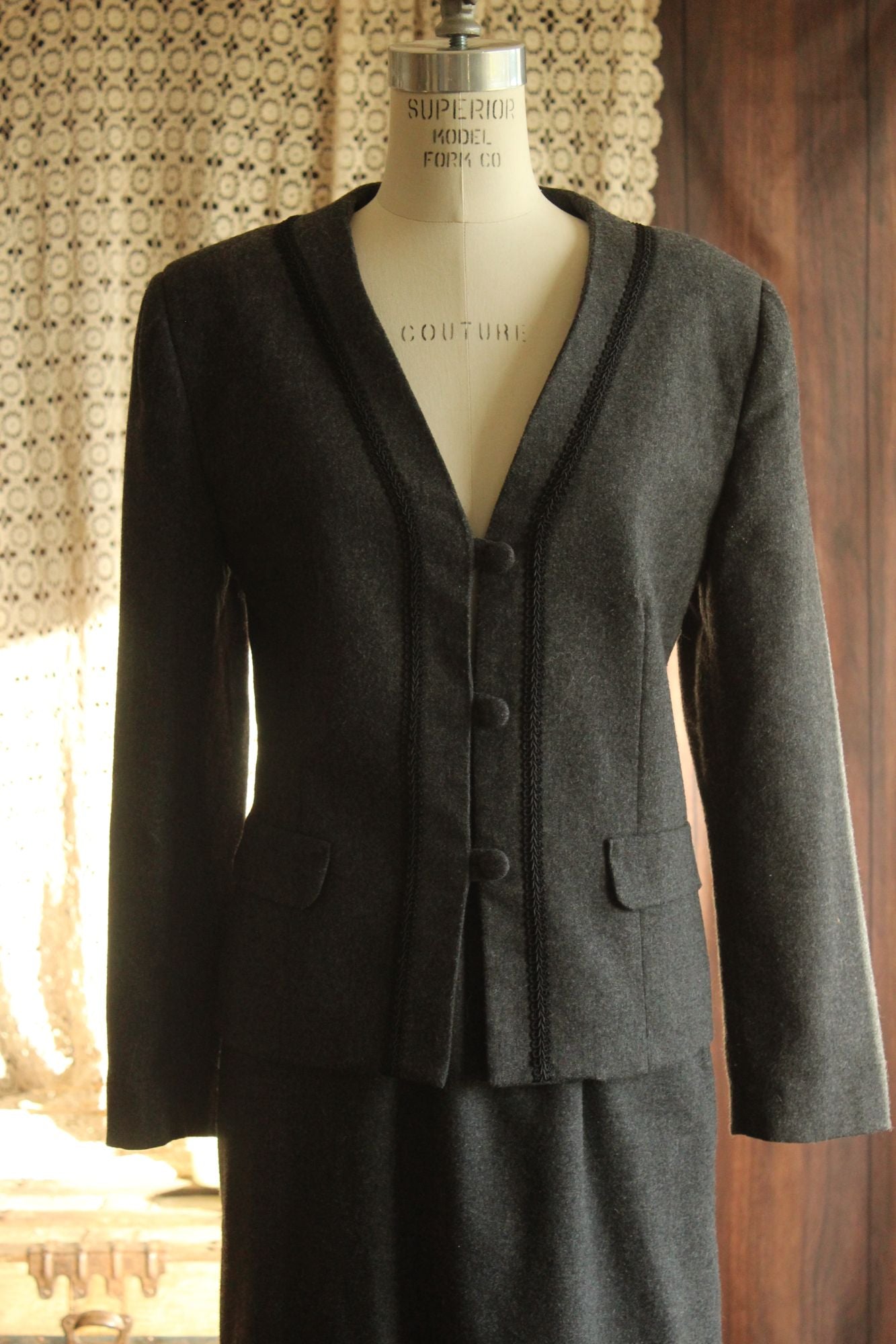 Vintage 1980s Womens Suit, Russ Gray Wool Skirt And Jacket, Shoulder Pads Braided Trim