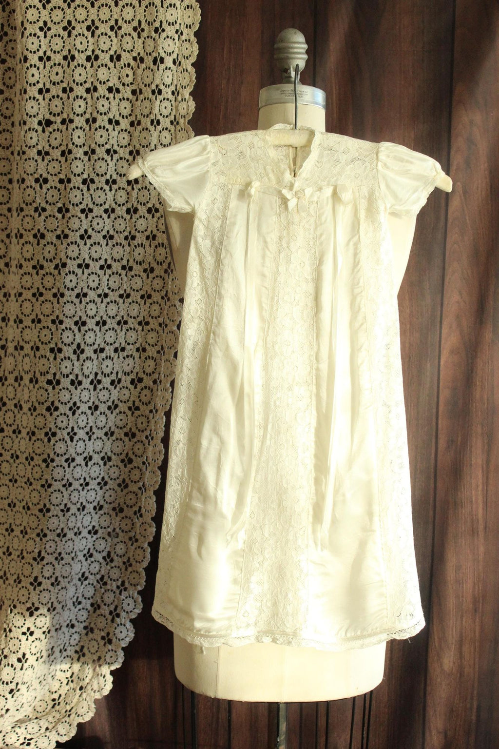 Vintage 1960s 1970sWhite Silk Satin and Lace Baby Christening Baptism Dress