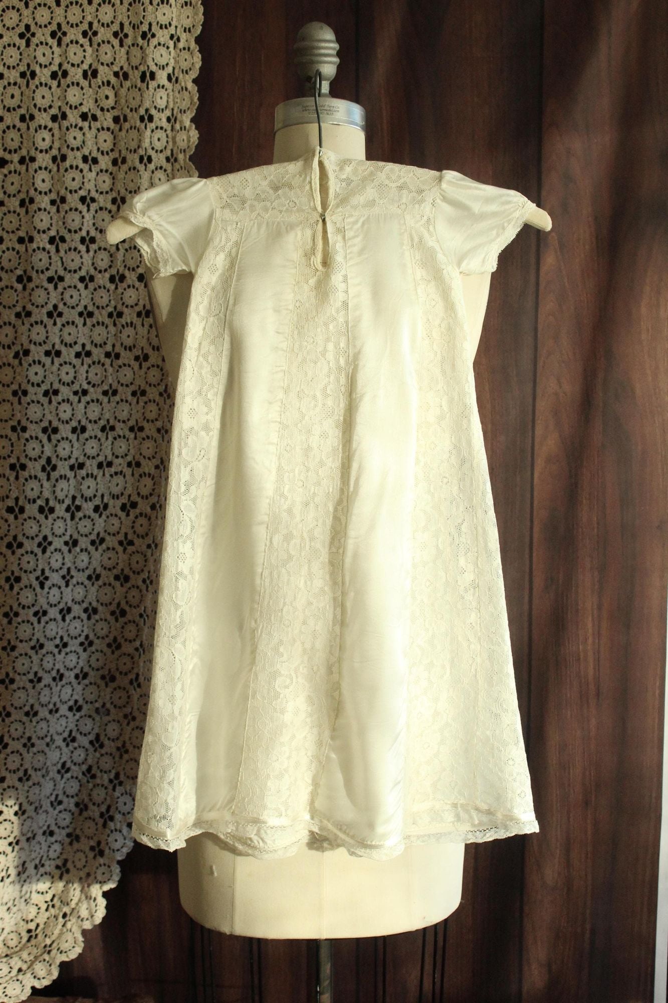 Vintage 1960s 1970sWhite Silk Satin and Lace Baby Christening Baptism Dress
