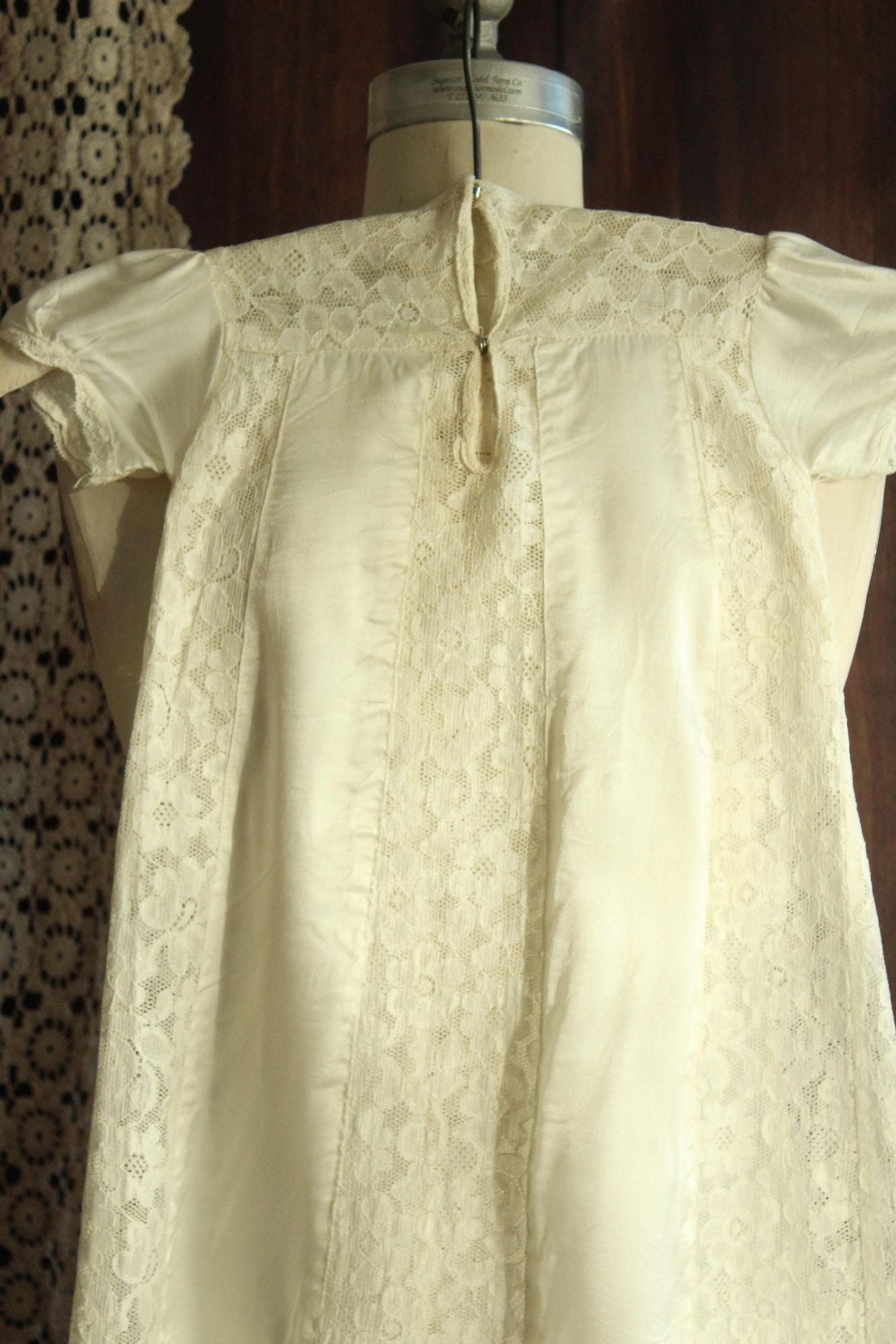 Vintage 1960s 1970sWhite Silk Satin and Lace Baby Christening Baptism Dress