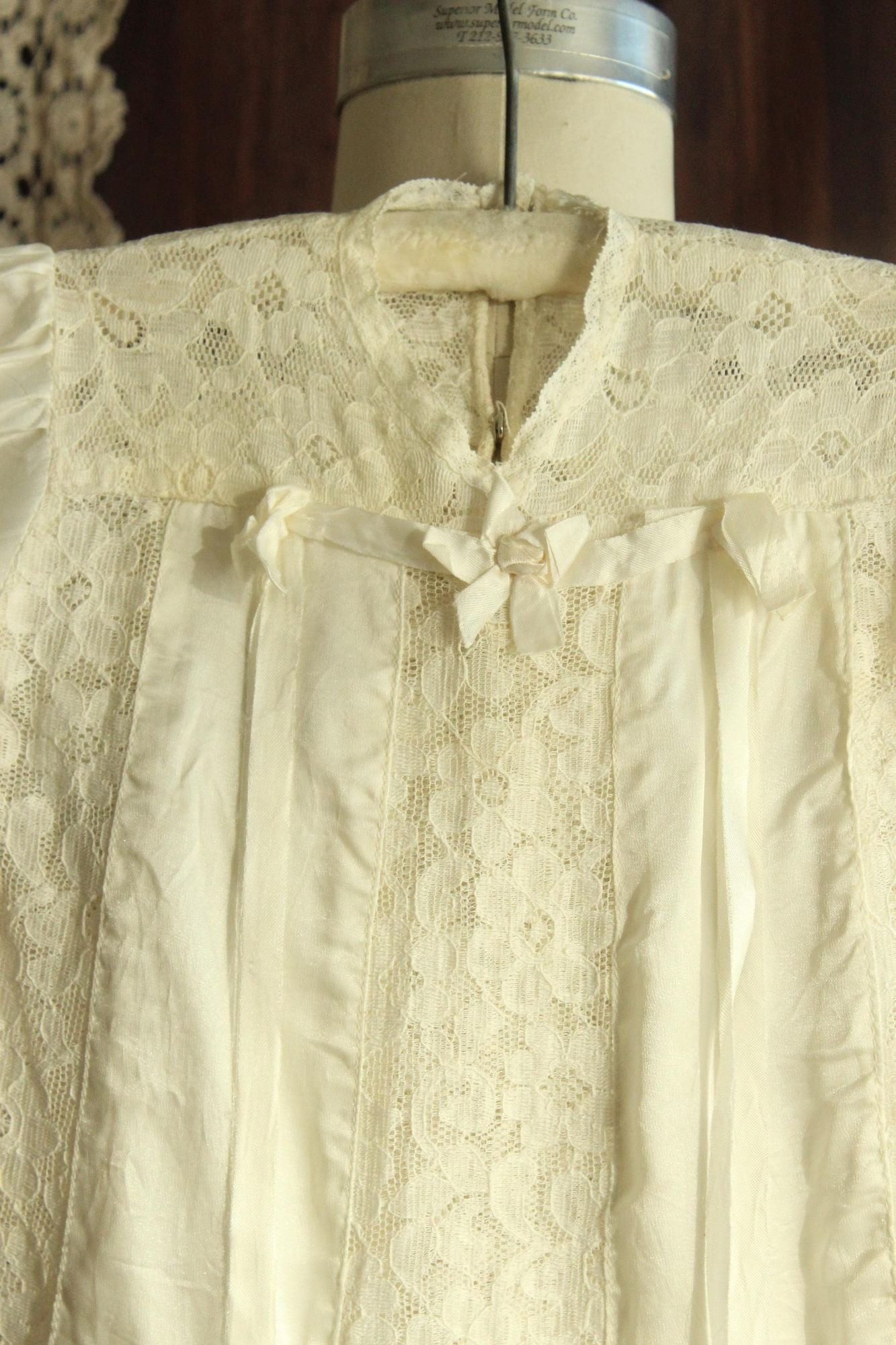Vintage 1960s 1970sWhite Silk Satin and Lace Baby Christening Baptism Dress