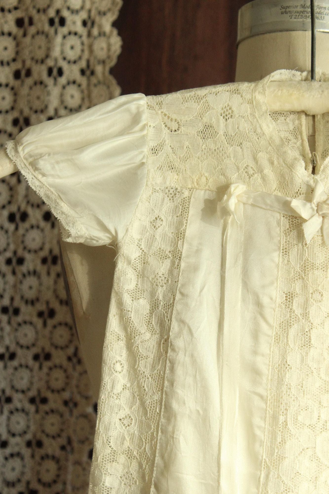 Vintage 1960s 1970sWhite Silk Satin and Lace Baby Christening Baptism Dress