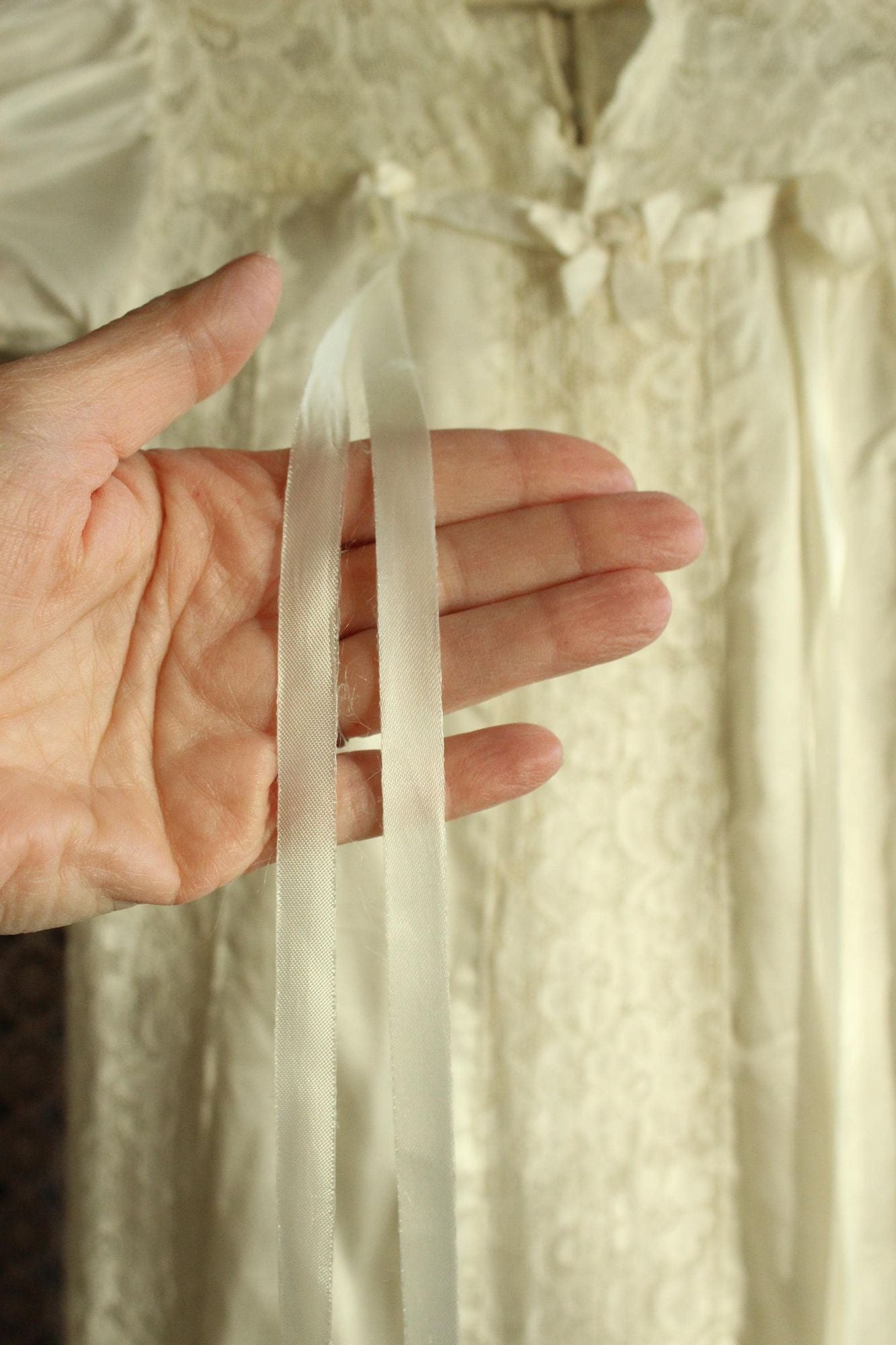 Vintage 1960s 1970sWhite Silk Satin and Lace Baby Christening Baptism Dress