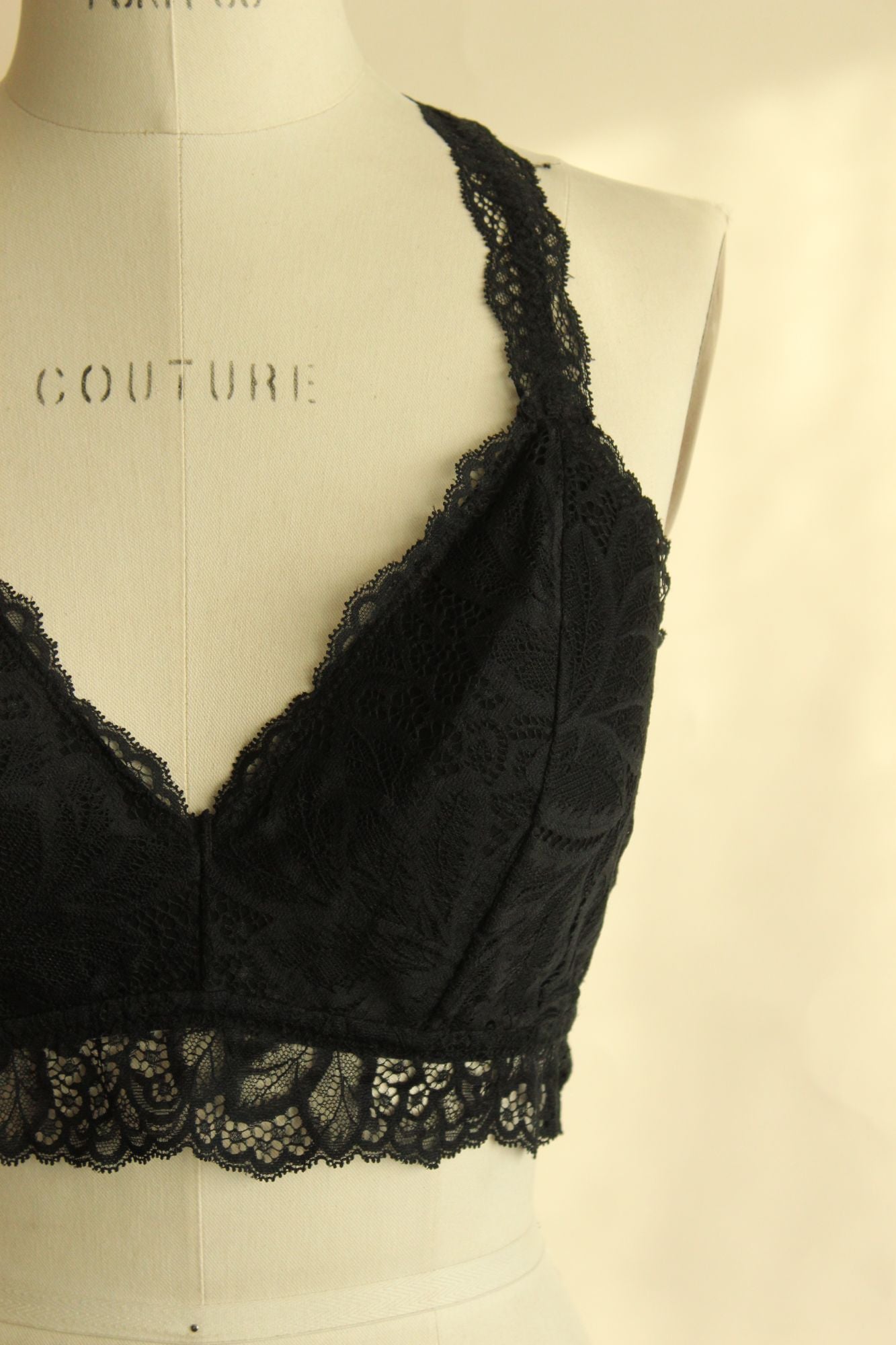 Auden Bralette, Black Lace Racer Back, Size L, Padded Cups