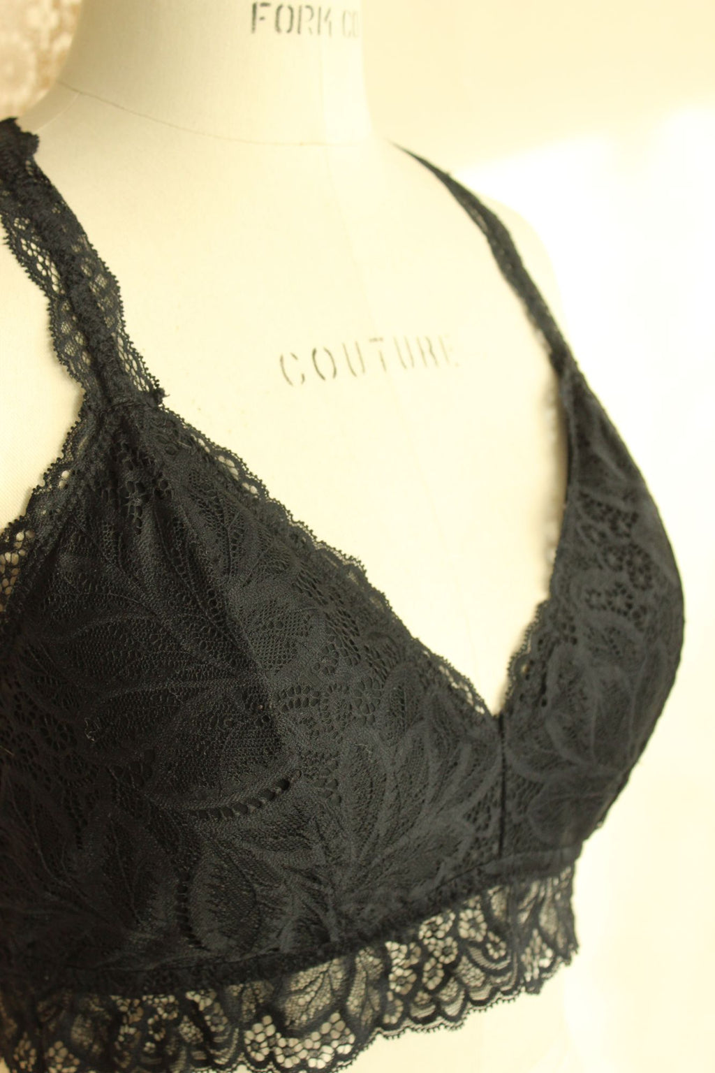 Auden Bralette, Black Lace Racer Back, Size L, Padded Cups
