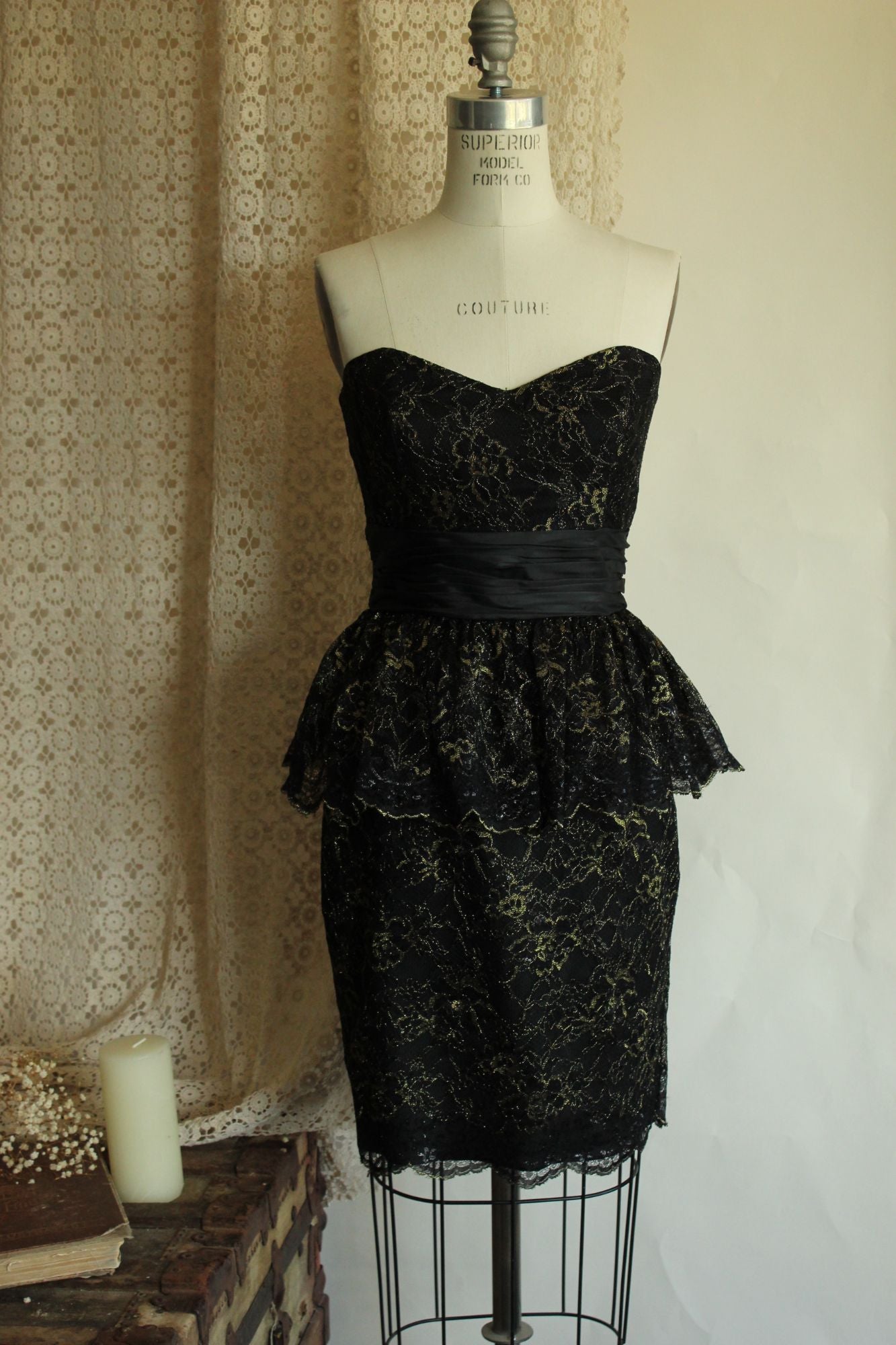 Betsey Johnson Dress, New, Size 6 Black and Gold Lace