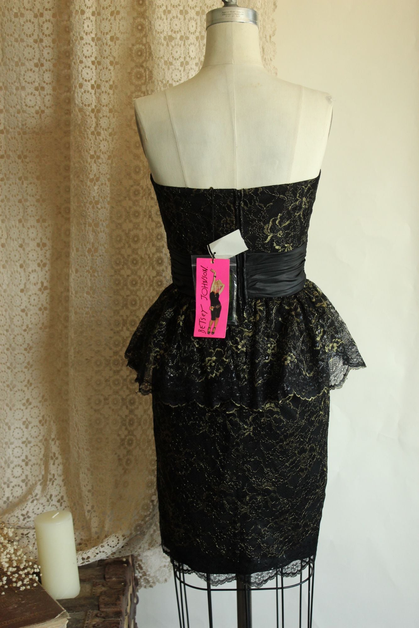 Betsey Johnson Dress, New, Size 6 Black and Gold Lace
