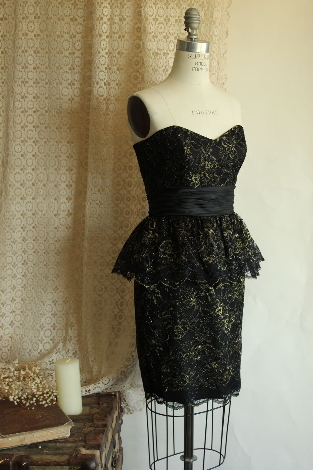 Betsey Johnson Dress, New, Size 6 Black and Gold Lace
