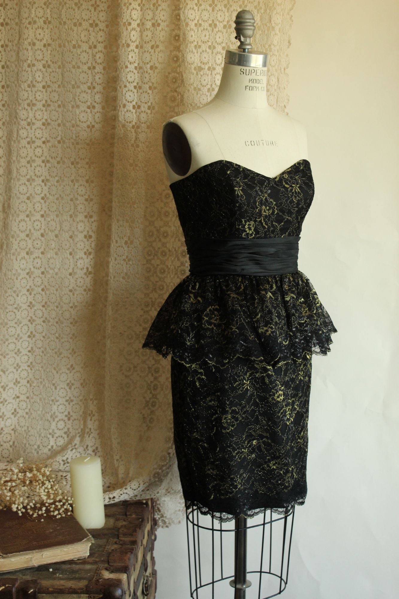 Betsey Johnson Dress, New, Size 6 Black and Gold Lace