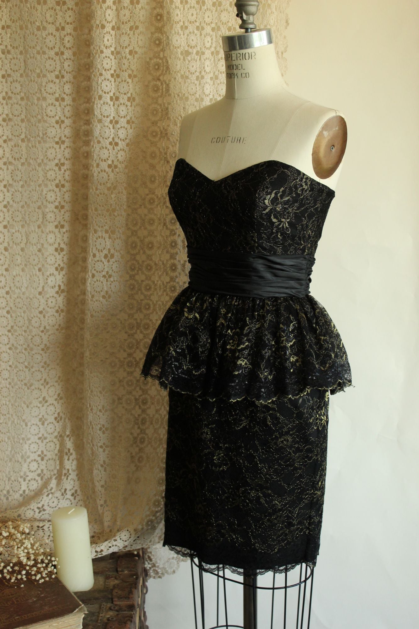 Betsey Johnson Dress, New, Size 6 Black and Gold Lace