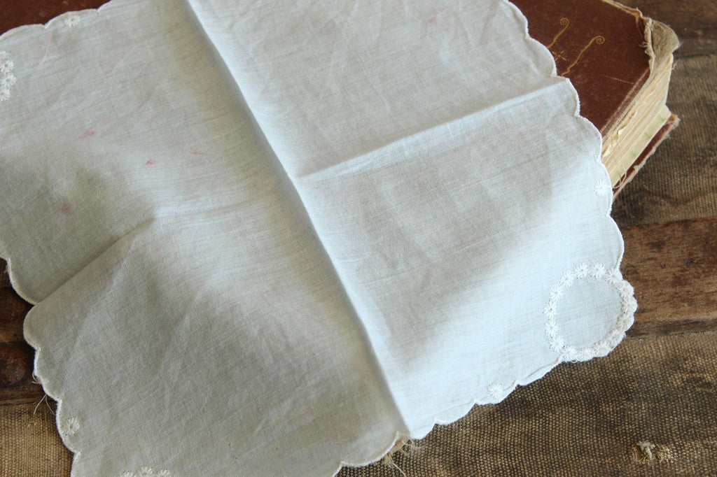 Vintage 1940s 1950s Blue Handkerchief with Embroidered White Daisies
