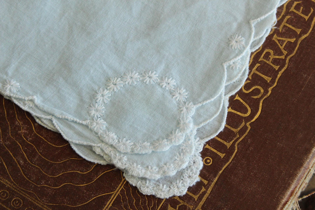 Vintage 1940s 1950s Blue Handkerchief with Embroidered White Daisies