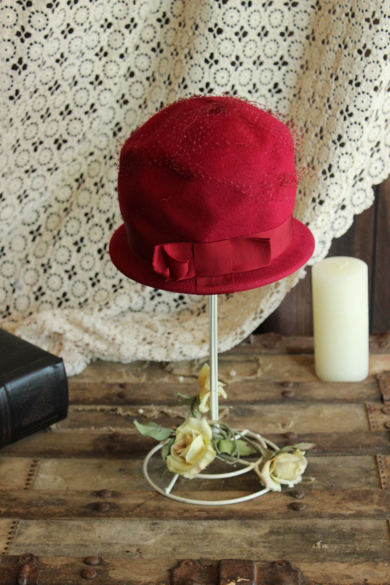 Vintage 1960s Raspberry Red Wool Cloche Hat