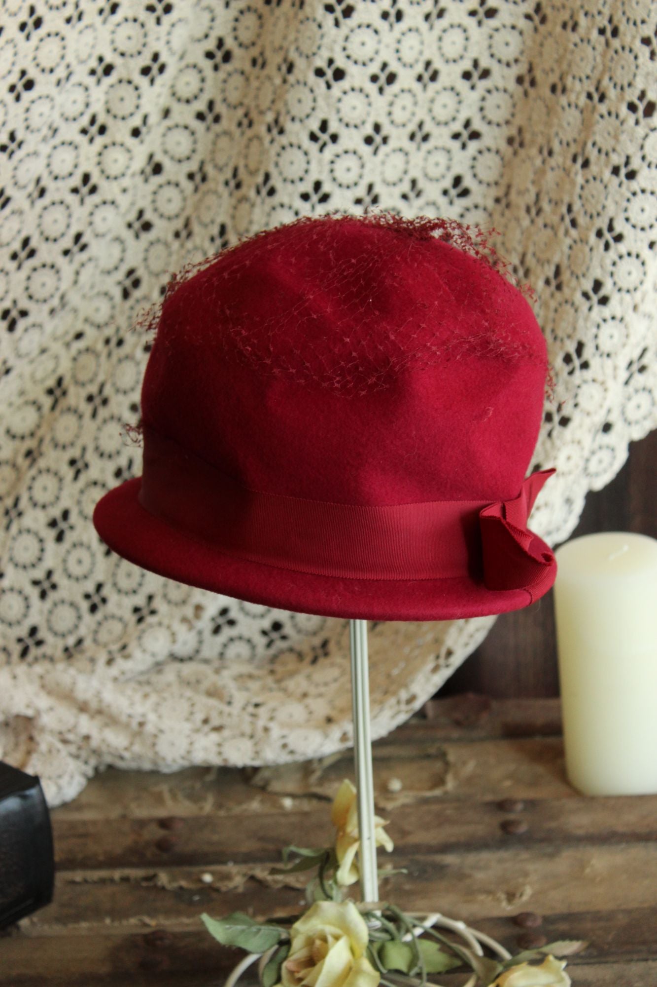 Vintage 1960s Raspberry Red Wool Cloche Hat