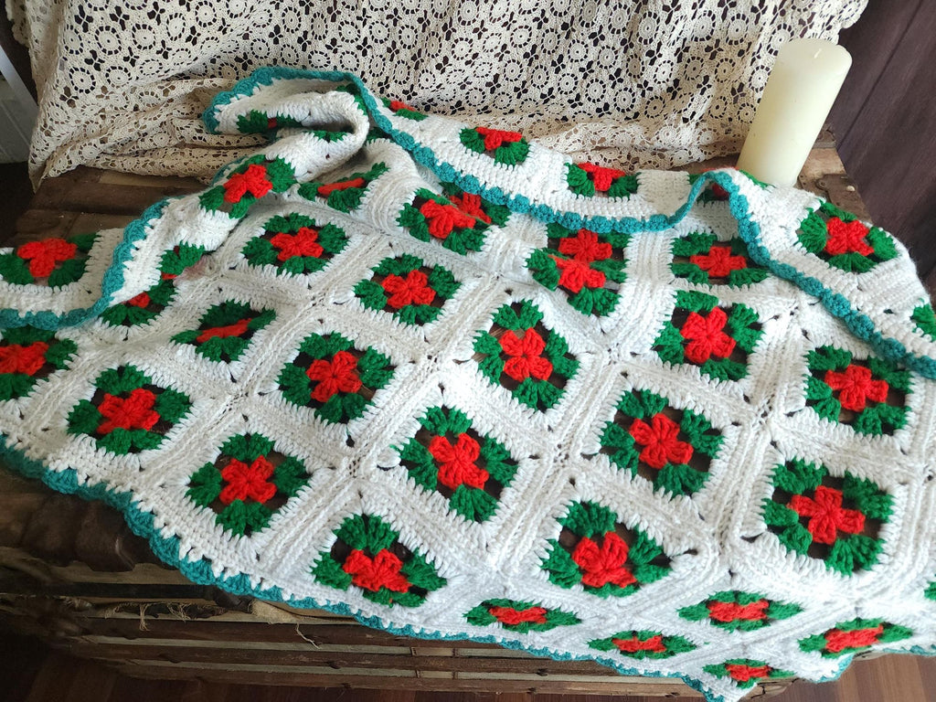 Vintage 1970s Red Green and White Granny Square Crochet Afghan