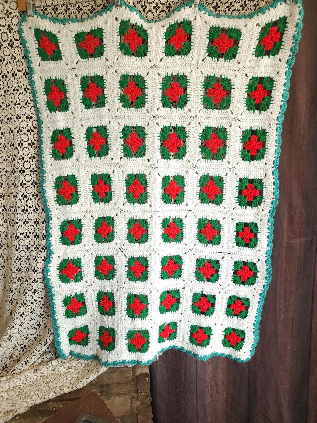 Vintage 1970s Red Green and White Granny Square Crochet Afghan