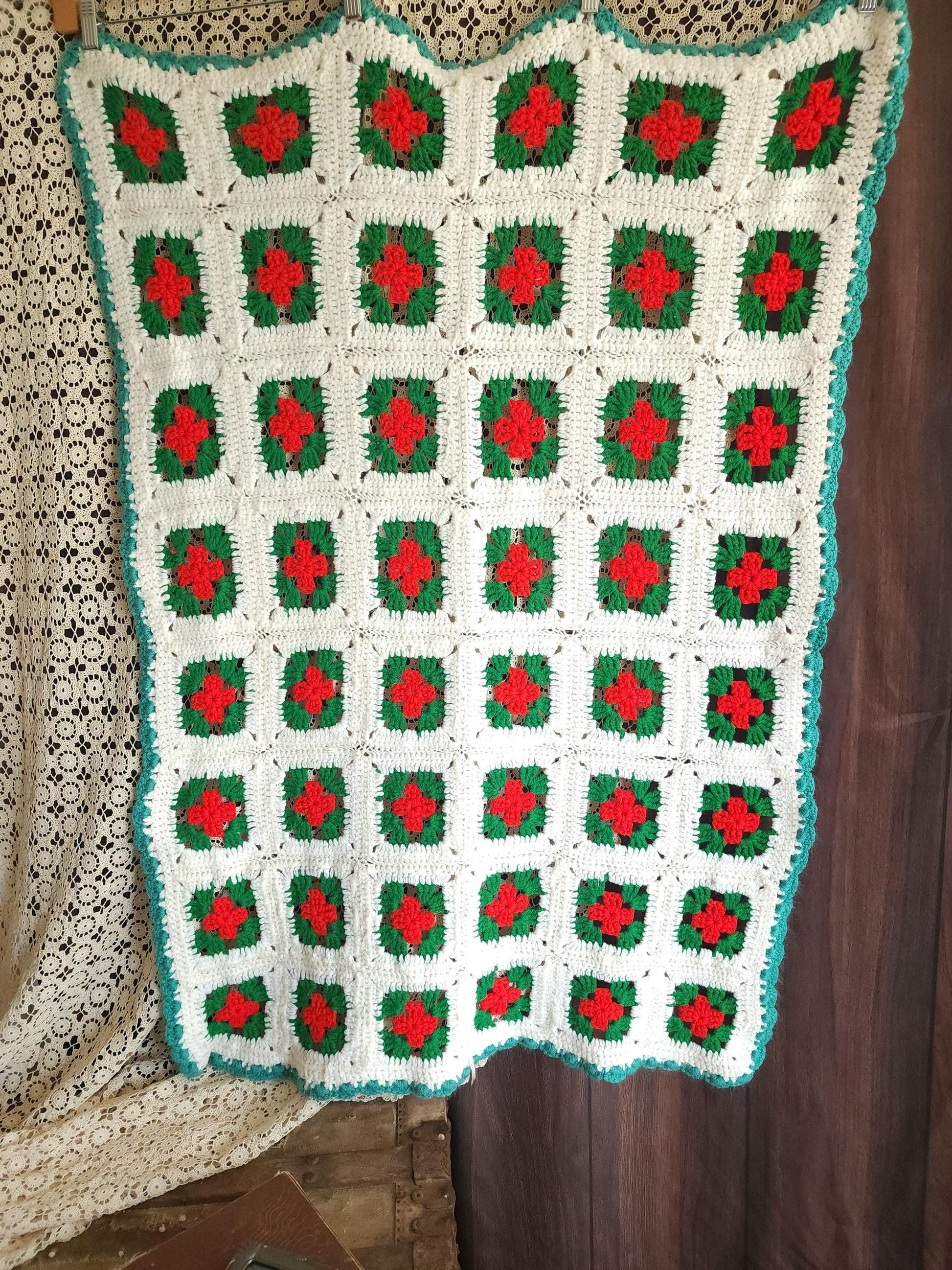 Vintage 1970s Red Green and White Granny Square Crochet Afghan