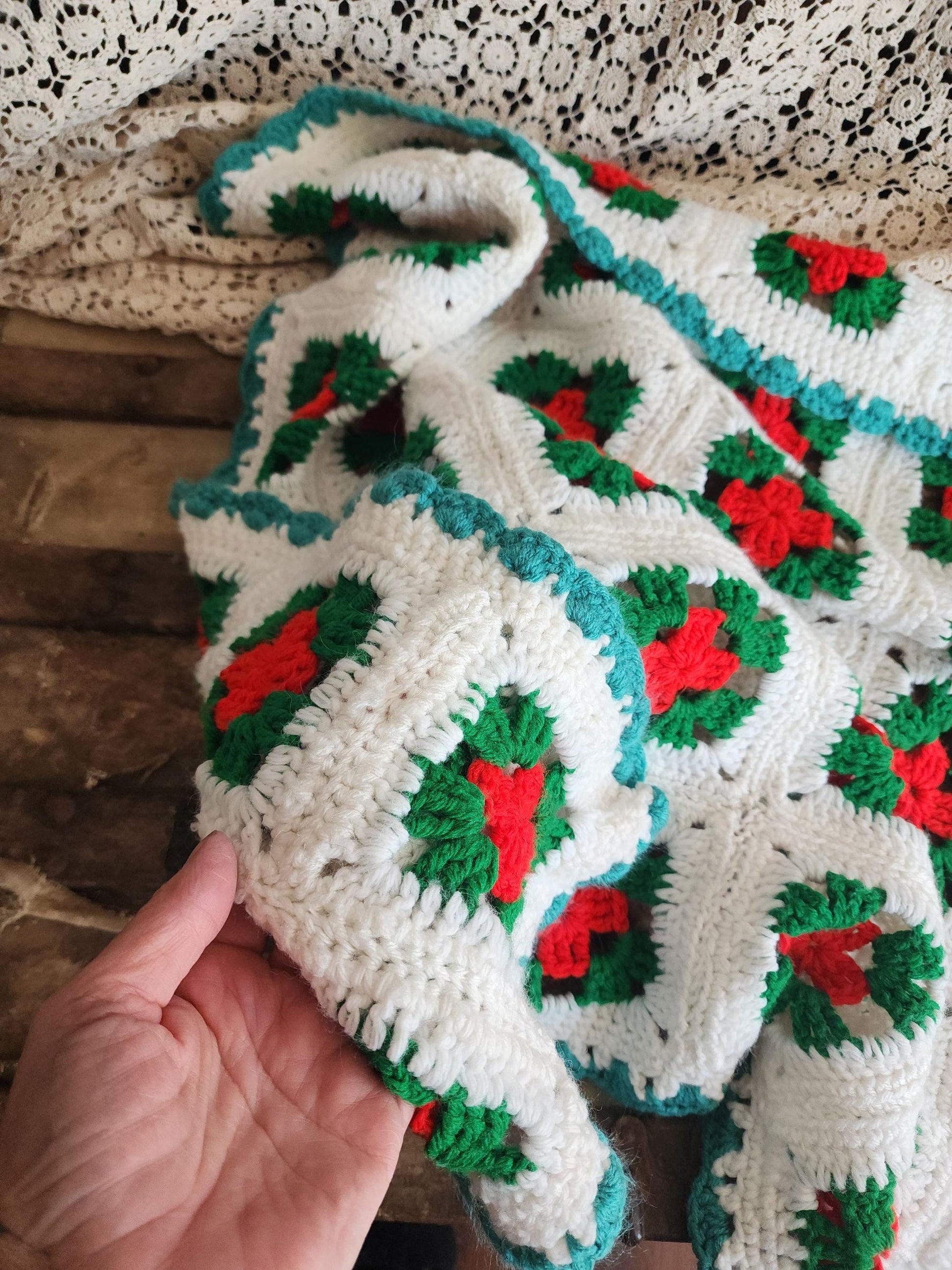 Vintage 1970s Red Green and White Granny Square Crochet Afghan