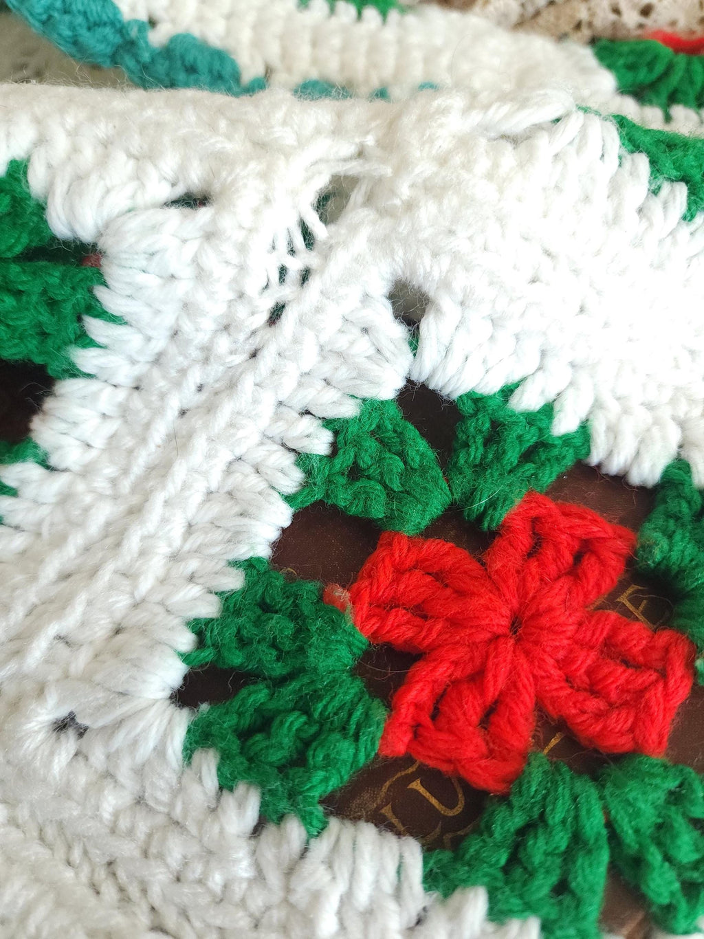 Vintage 1970s Red Green and White Granny Square Crochet Afghan