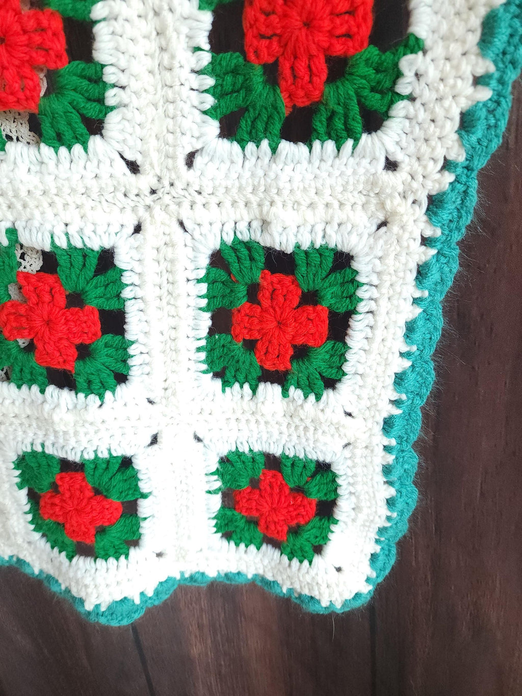Vintage 1970s Red Green and White Granny Square Crochet Afghan