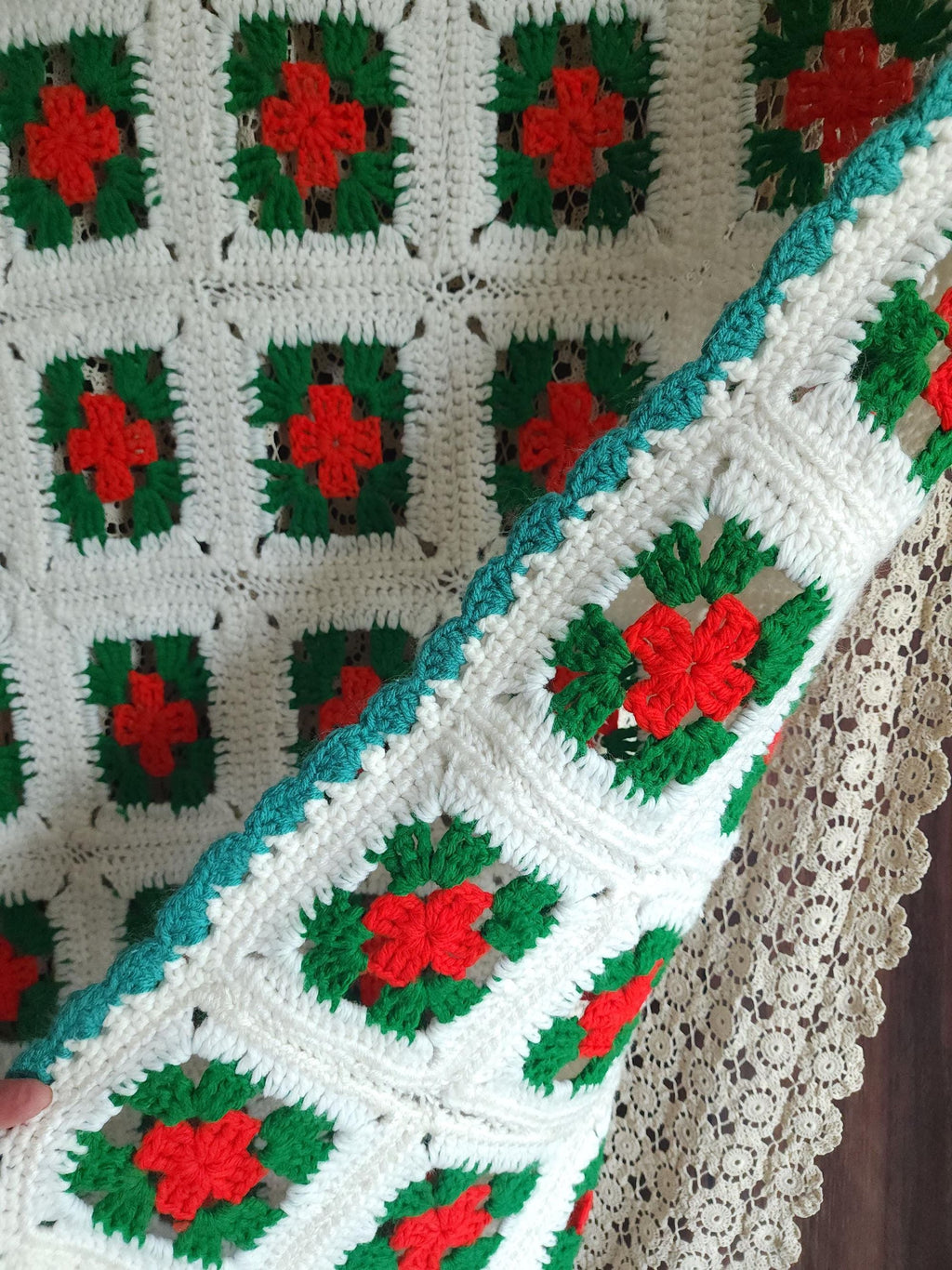 Vintage 1970s Red Green and White Granny Square Crochet Afghan