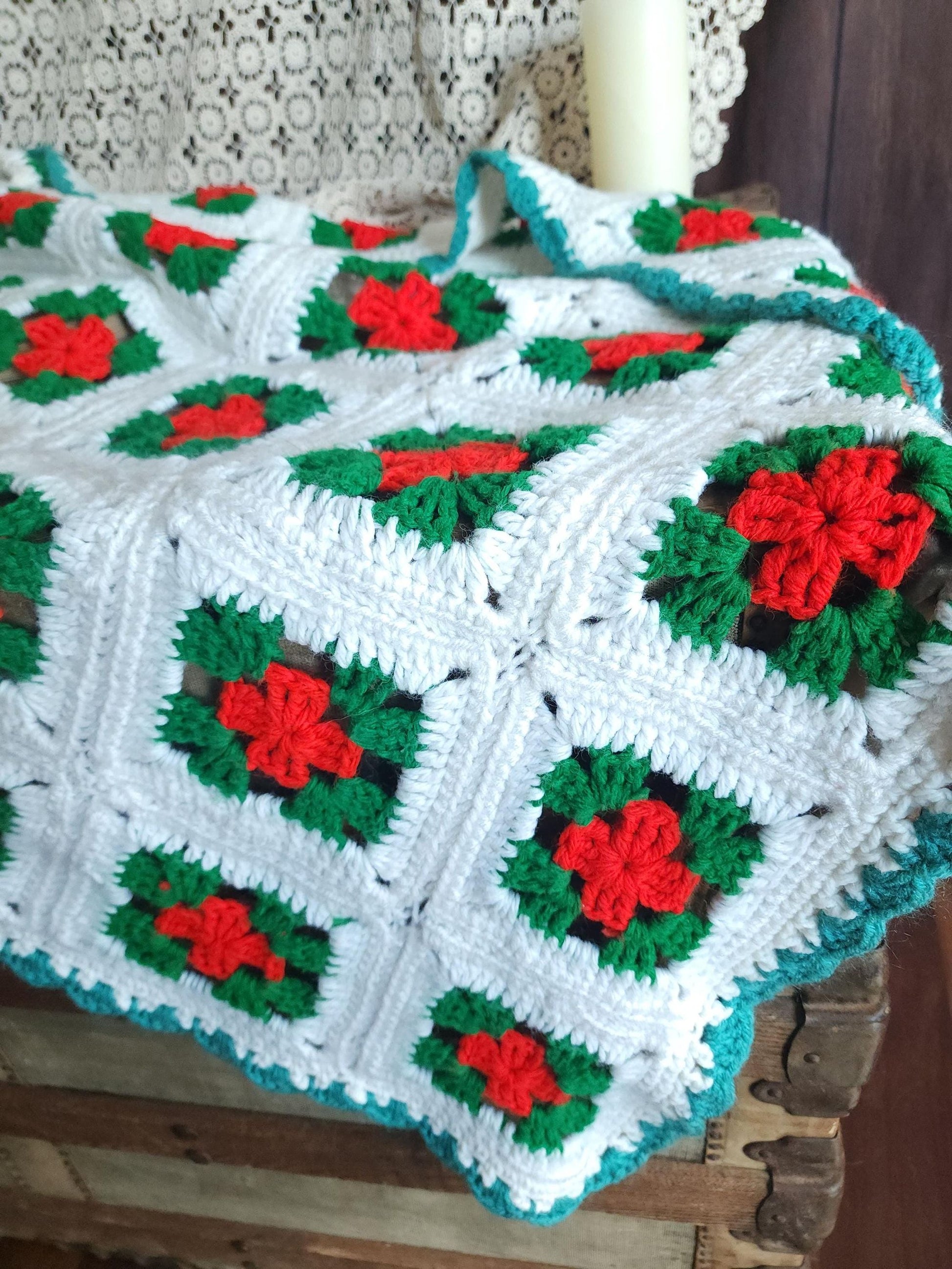 Vintage 1970s Red Green and White Granny Square Crochet Afghan