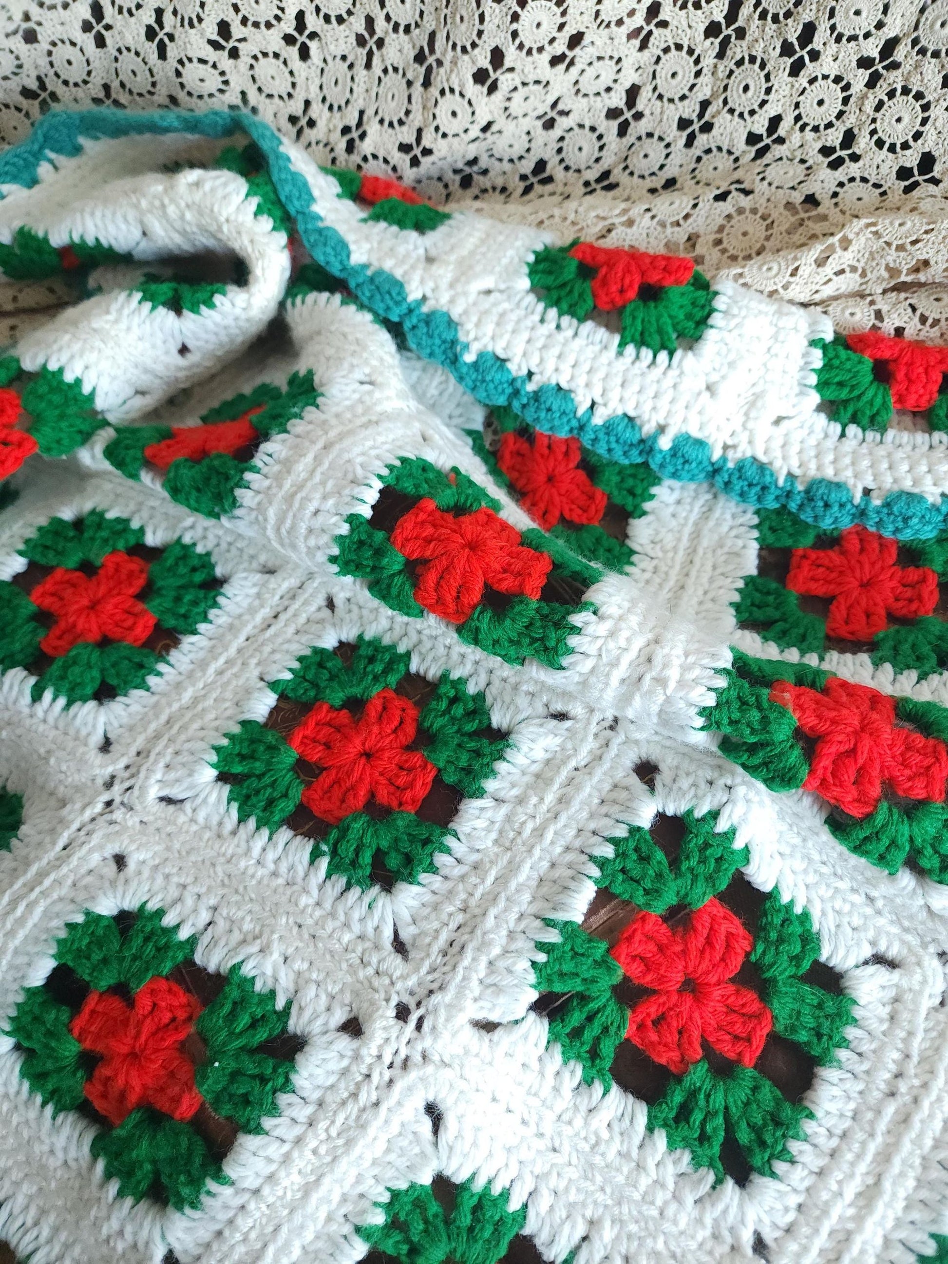 Vintage 1970s Red Green and White Granny Square Crochet Afghan