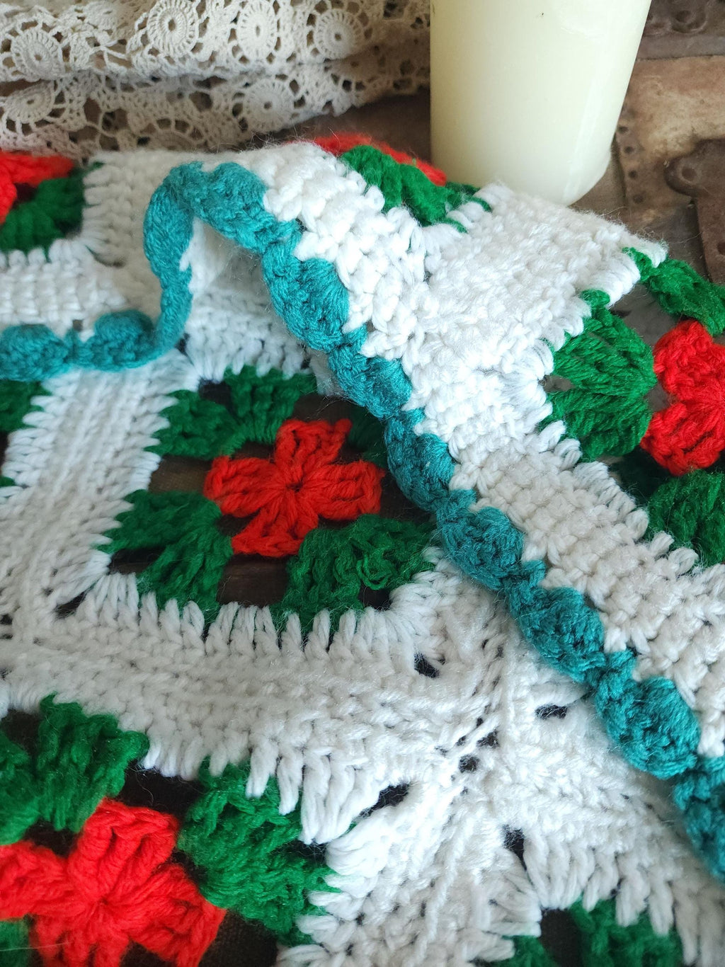 Vintage 1970s Red Green and White Granny Square Crochet Afghan