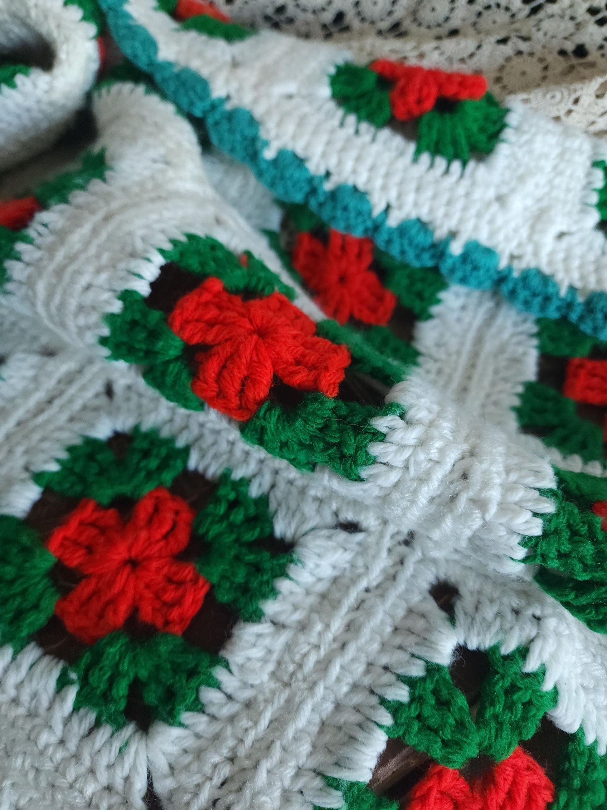 Vintage 1970s Red Green and White Granny Square Crochet Afghan