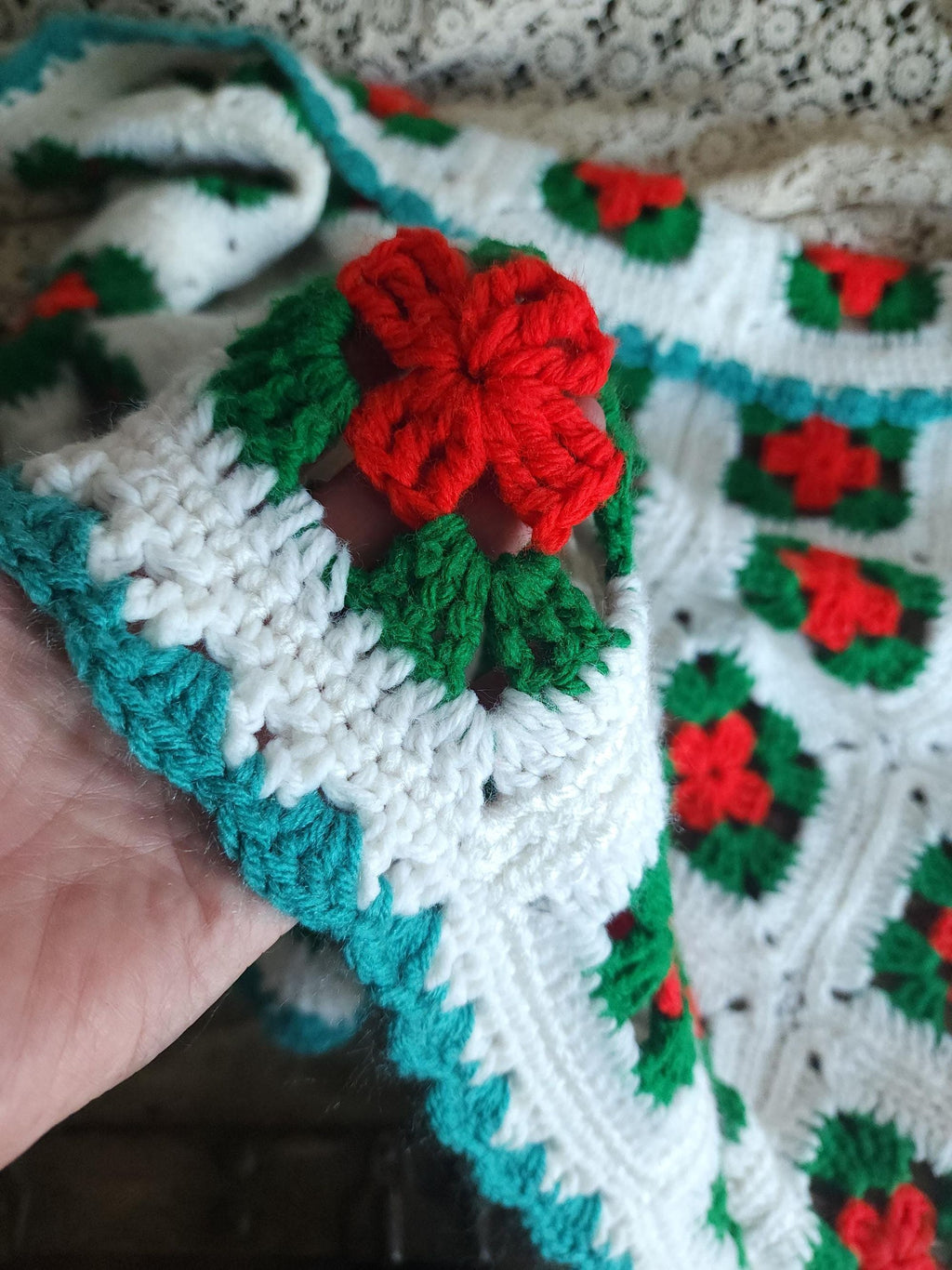 Vintage 1970s Red Green and White Granny Square Crochet Afghan