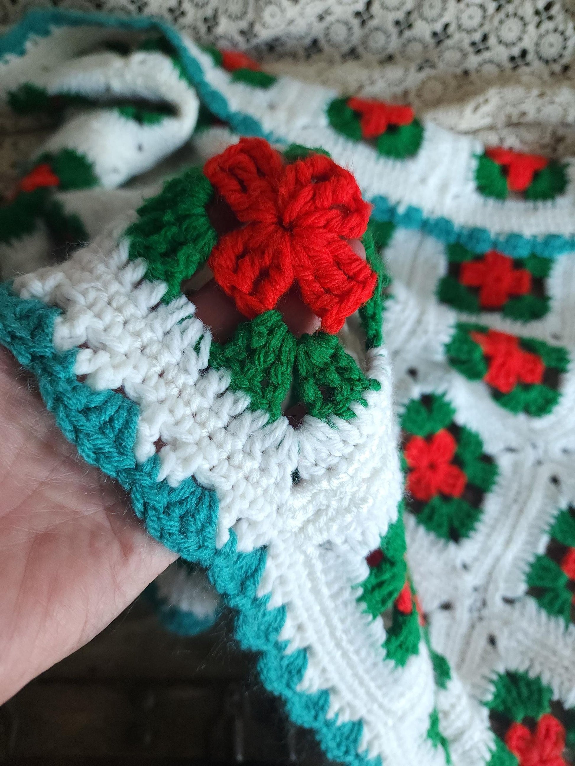 Vintage 1970s Red Green and White Granny Square Crochet Afghan