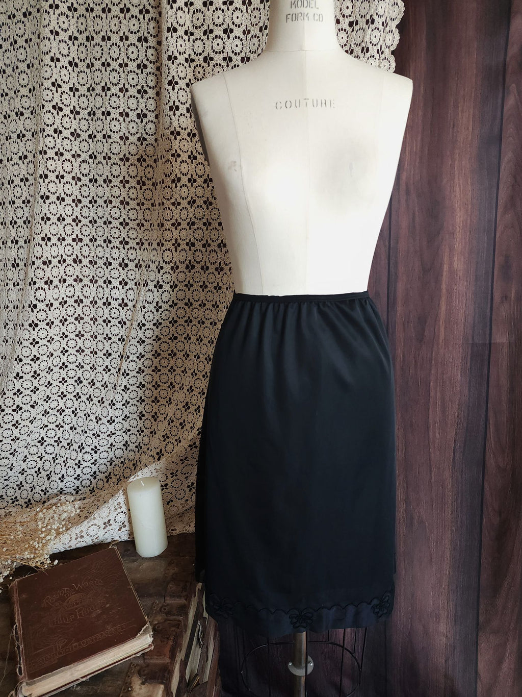 Vintage 1960s 1970s Carol Brent Black Nylon Half Slip with Shamrock
