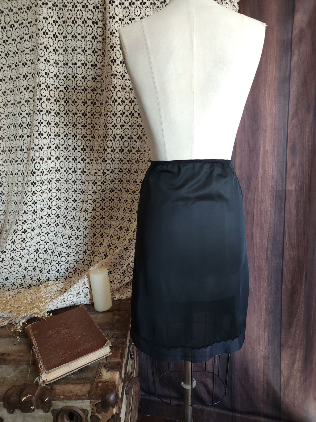 Vintage 1960s 1970s Carol Brent Black Nylon Half Slip with Shamrock