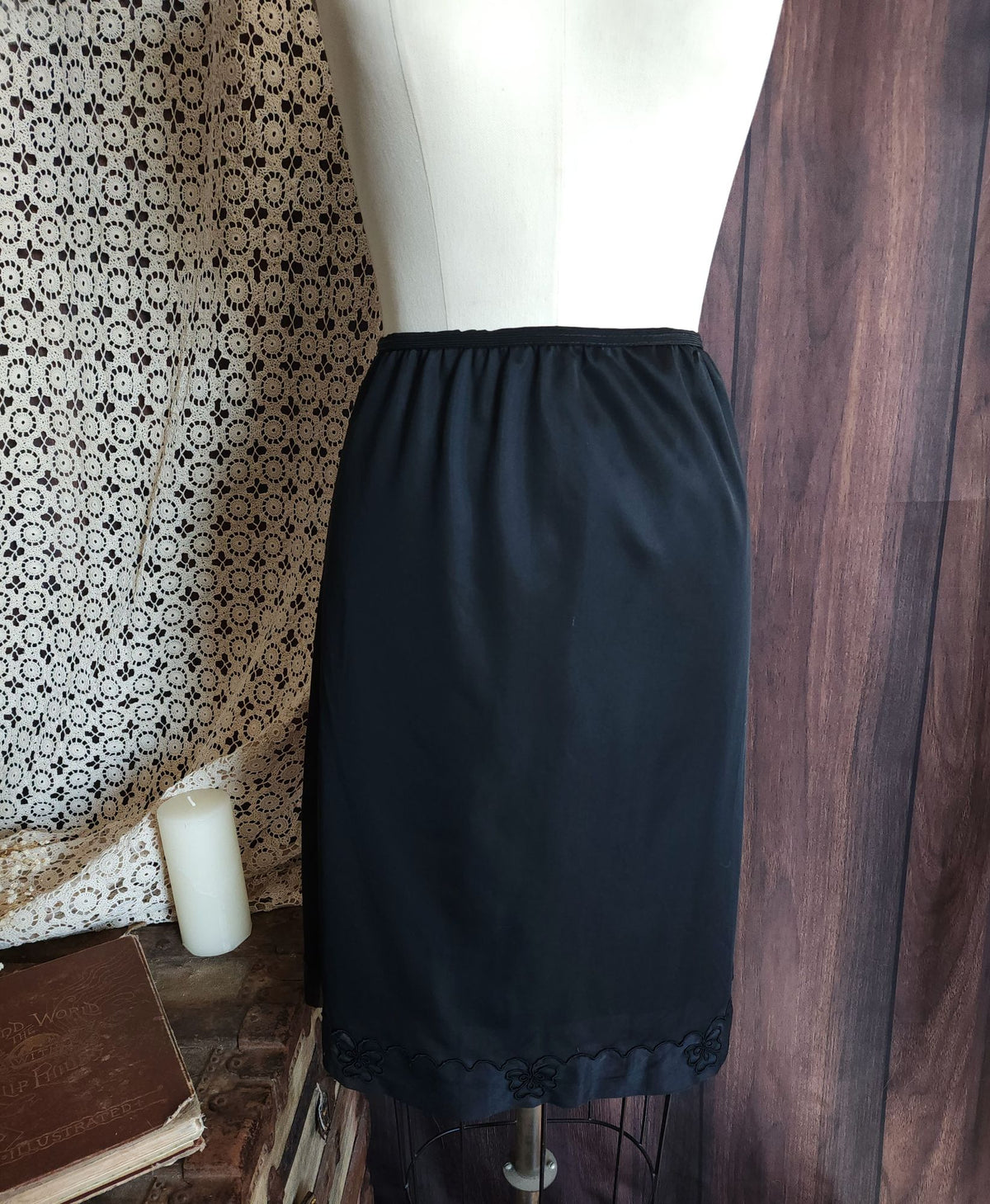 Vintage 1960s 1970s Carol Brent Black Nylon Half Slip with Shamrock