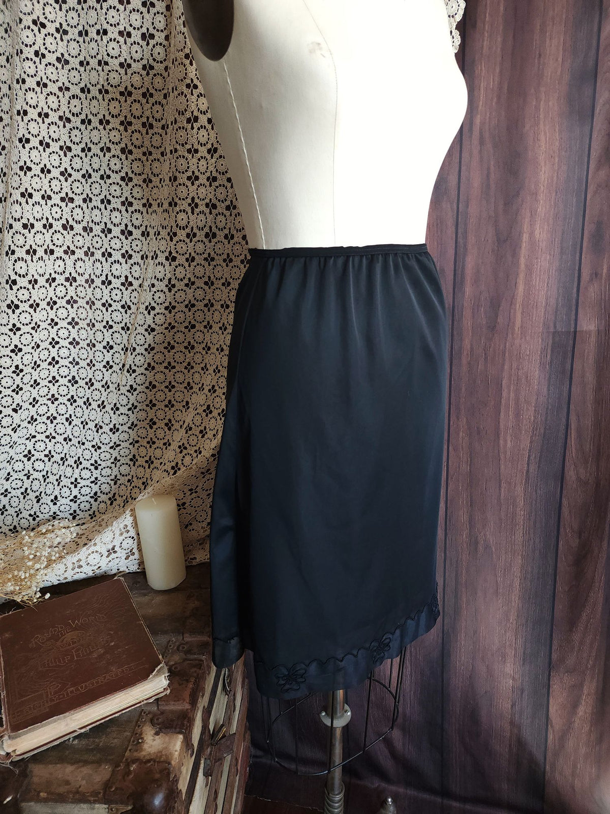 Vintage 1960s 1970s Carol Brent Black Nylon Half Slip with Shamrock
