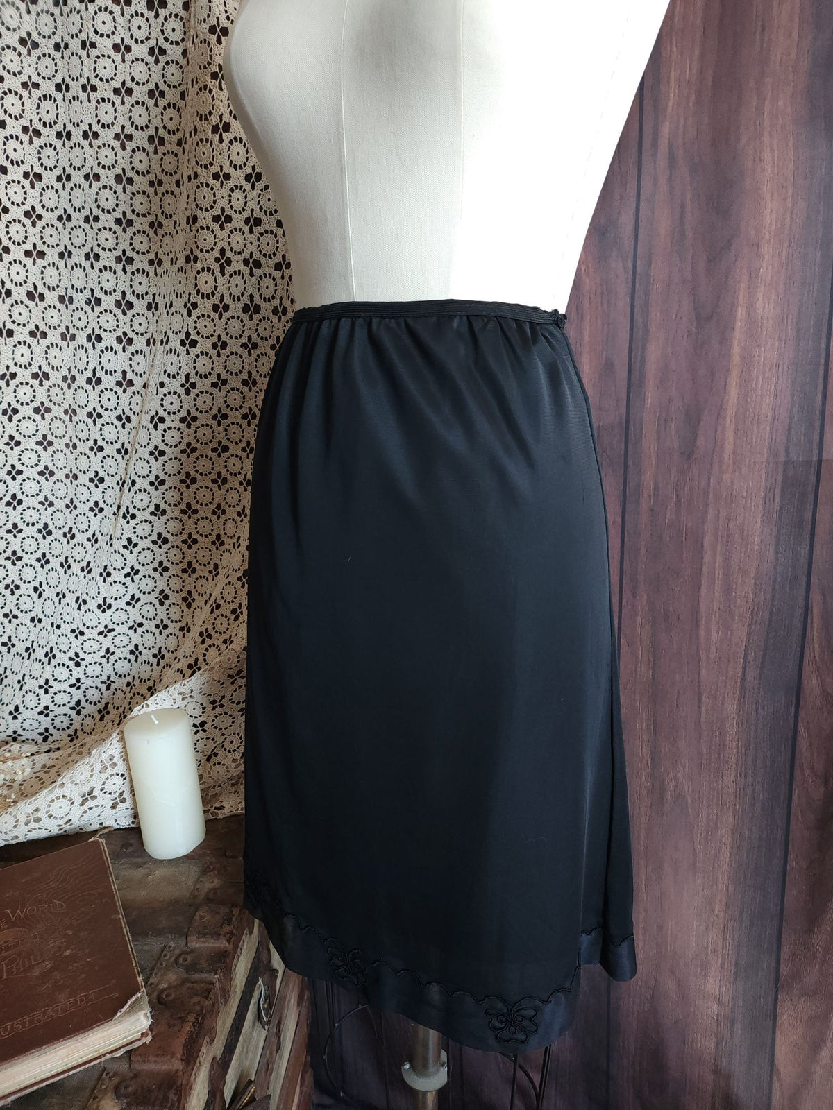 Vintage 1960s 1970s Carol Brent Black Nylon Half Slip with Shamrock