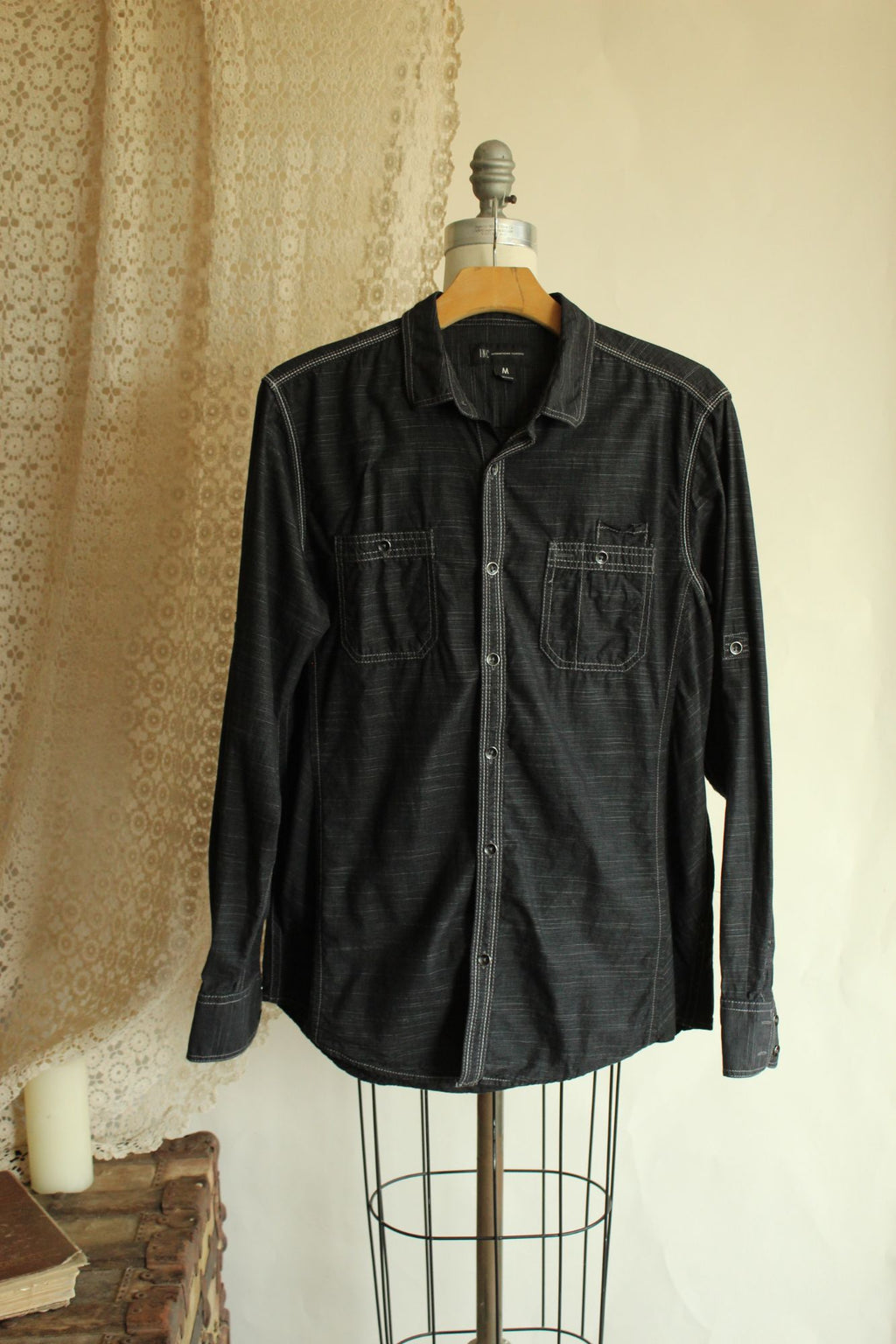 INC Men's shirt, Button down, size M, black and gray pinstripes