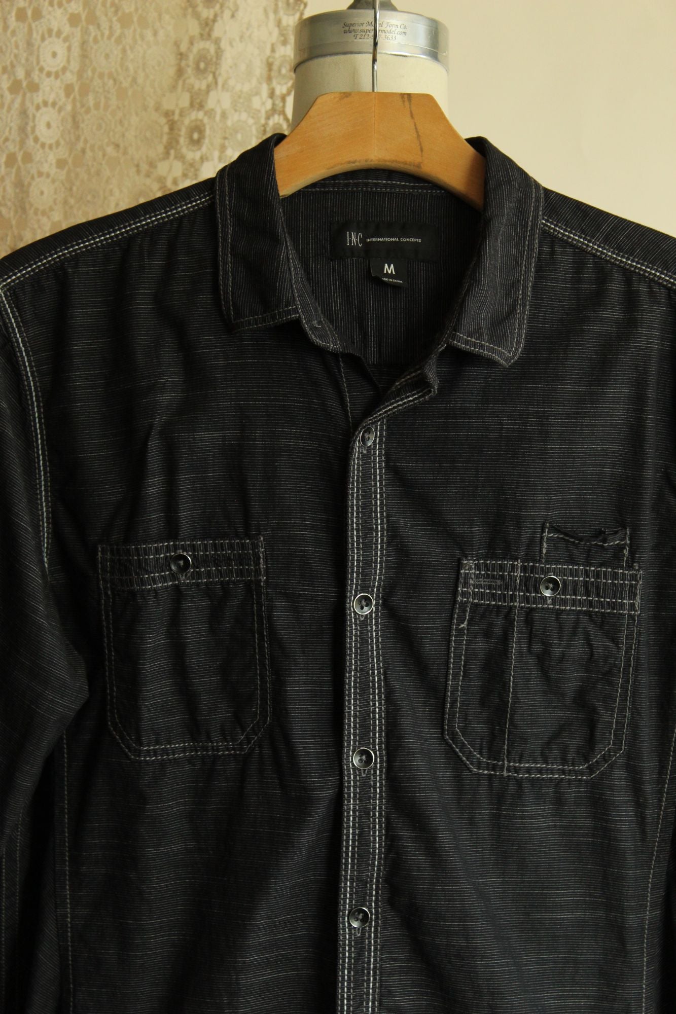 INC Men's shirt, Button down, size M, black and gray pinstripes
