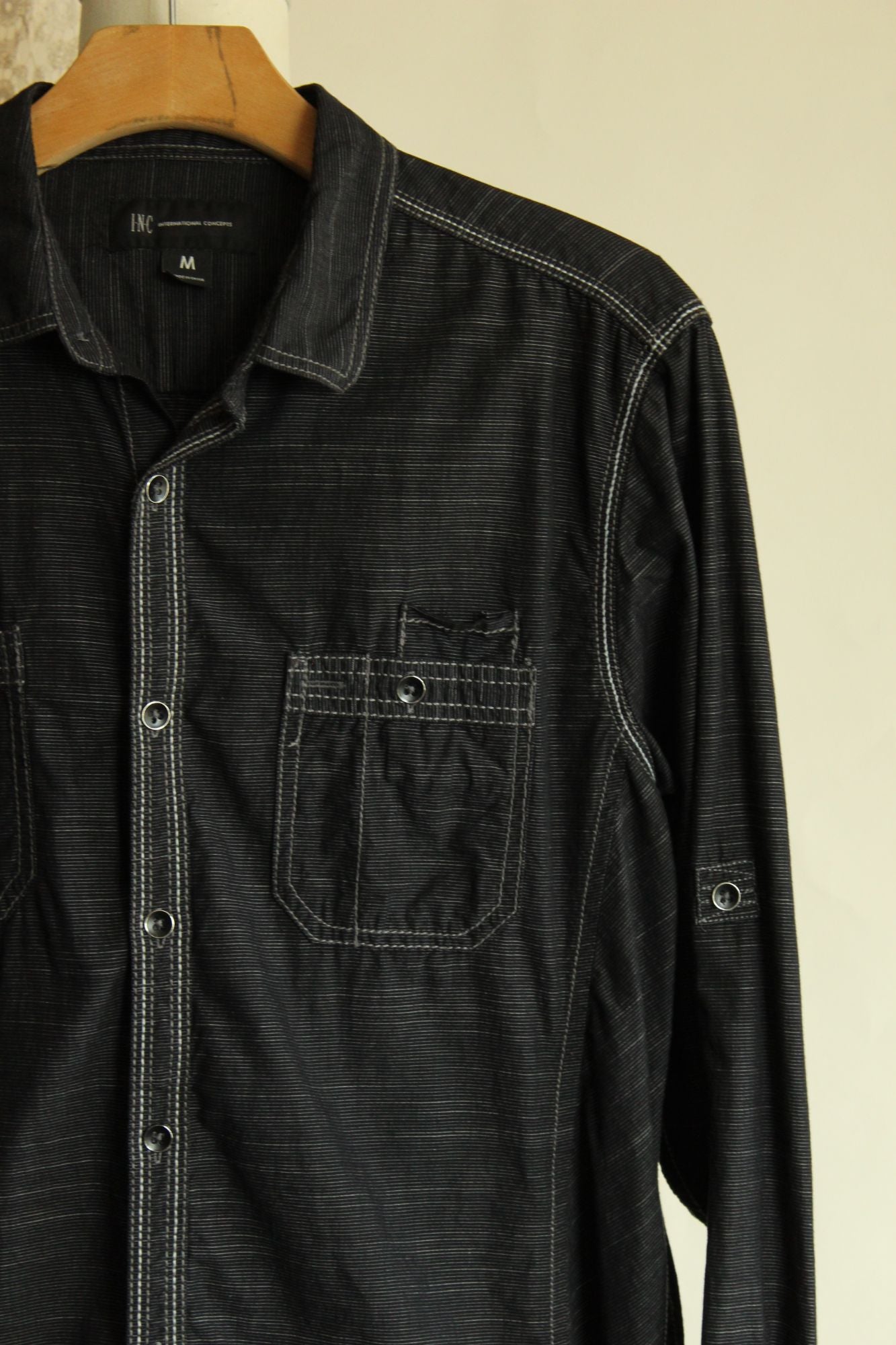 INC Men's shirt, Button down, size M, black and gray pinstripes