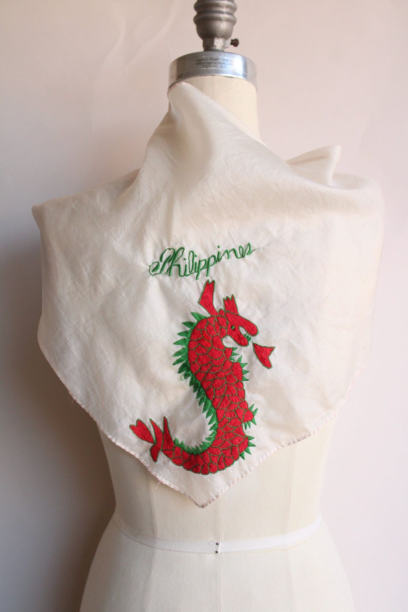 Vintage 1950s Philippines Dragon Embroidered Silk Scarf