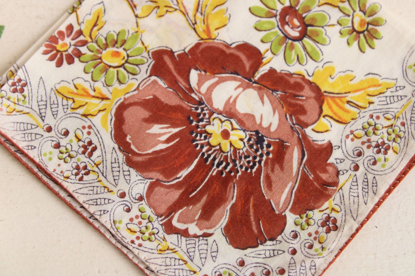 Vintage Brown Poppy Flower Print Cotton Hanky