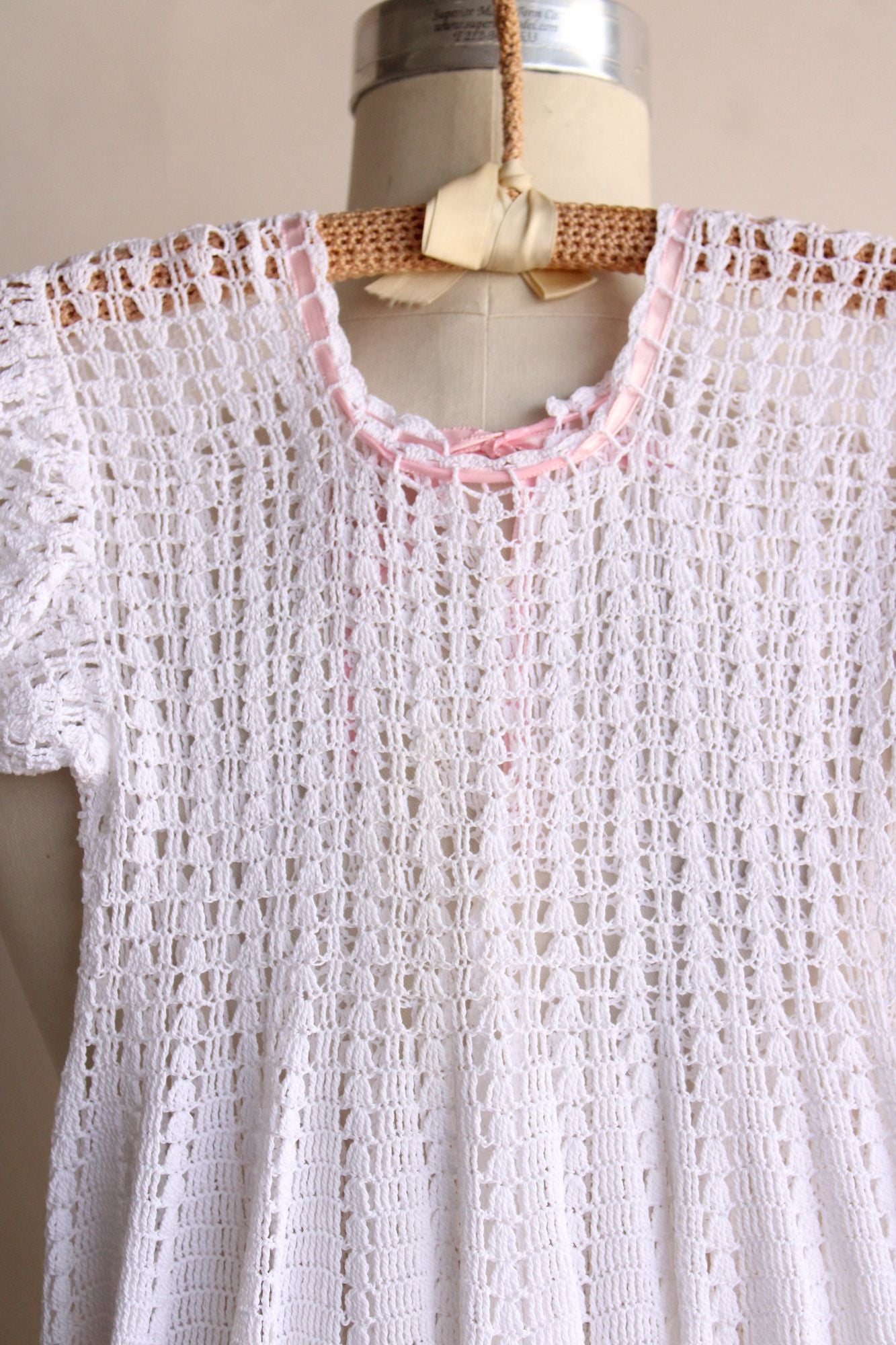 Vintage Baby Dress, White Crochet with Pink Ribbon Trim